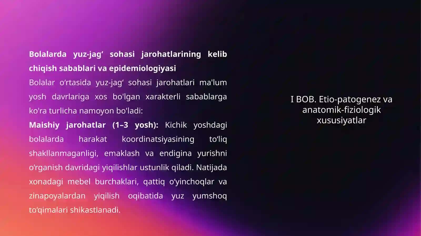 Bolalar yuz-jag‘ sohasi Yumshoq to‘qimalar va a’zolari jarohatlari 4