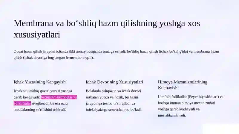 Bolalar va o'smirlarda ovqat hazm qilish xususiyatlari: Membrana va bo'shliq hazm qilishning yoshga xos jihatlari 4