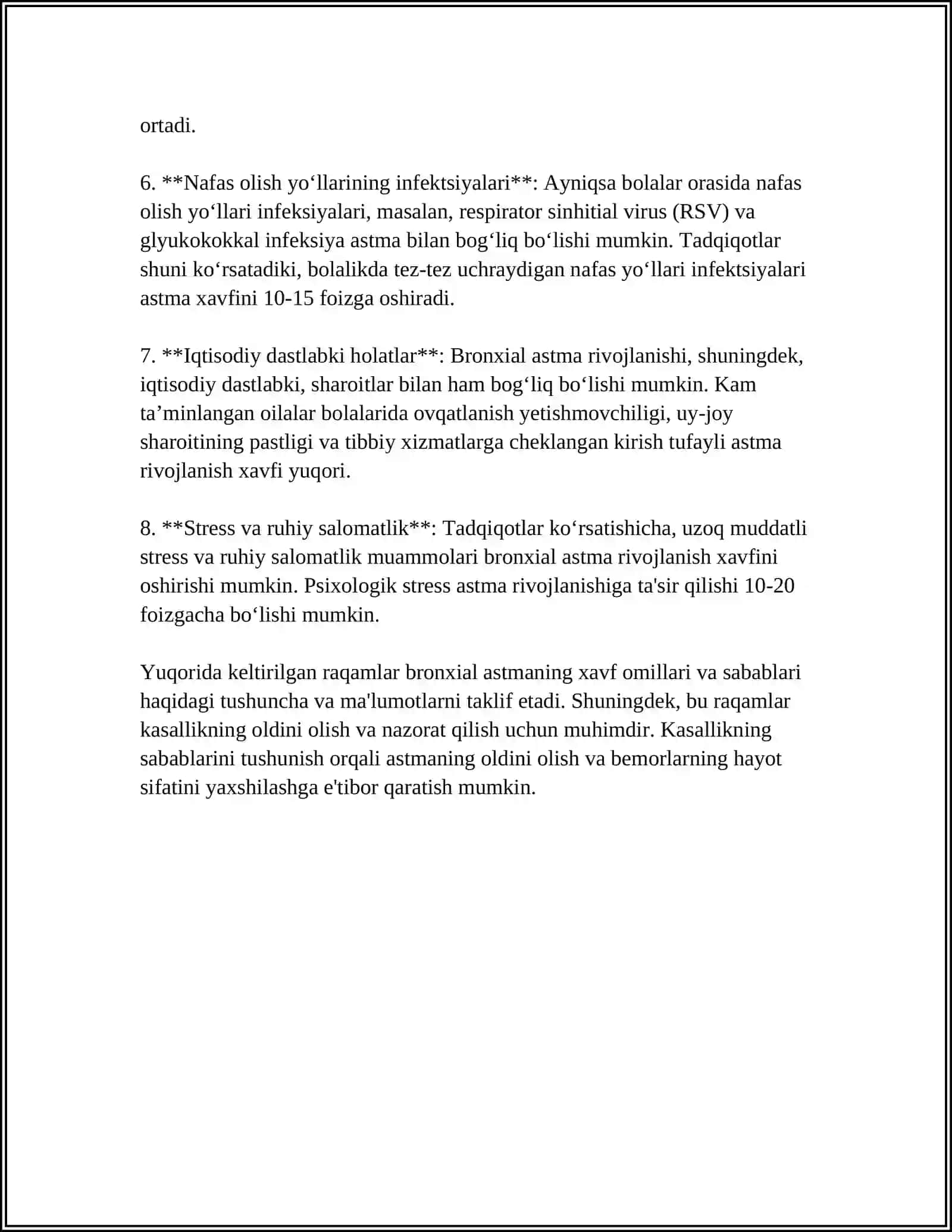 MUSTAQIL ISH - BRONXIAL ASTMA, ETIOLOGIYASI, PATOGENEZI, PATALOGIK ANATOMIYASI, TASNIFI, KLINIKASI, TEKSHIRISH USLUBLARINI ÖRGANISH 4