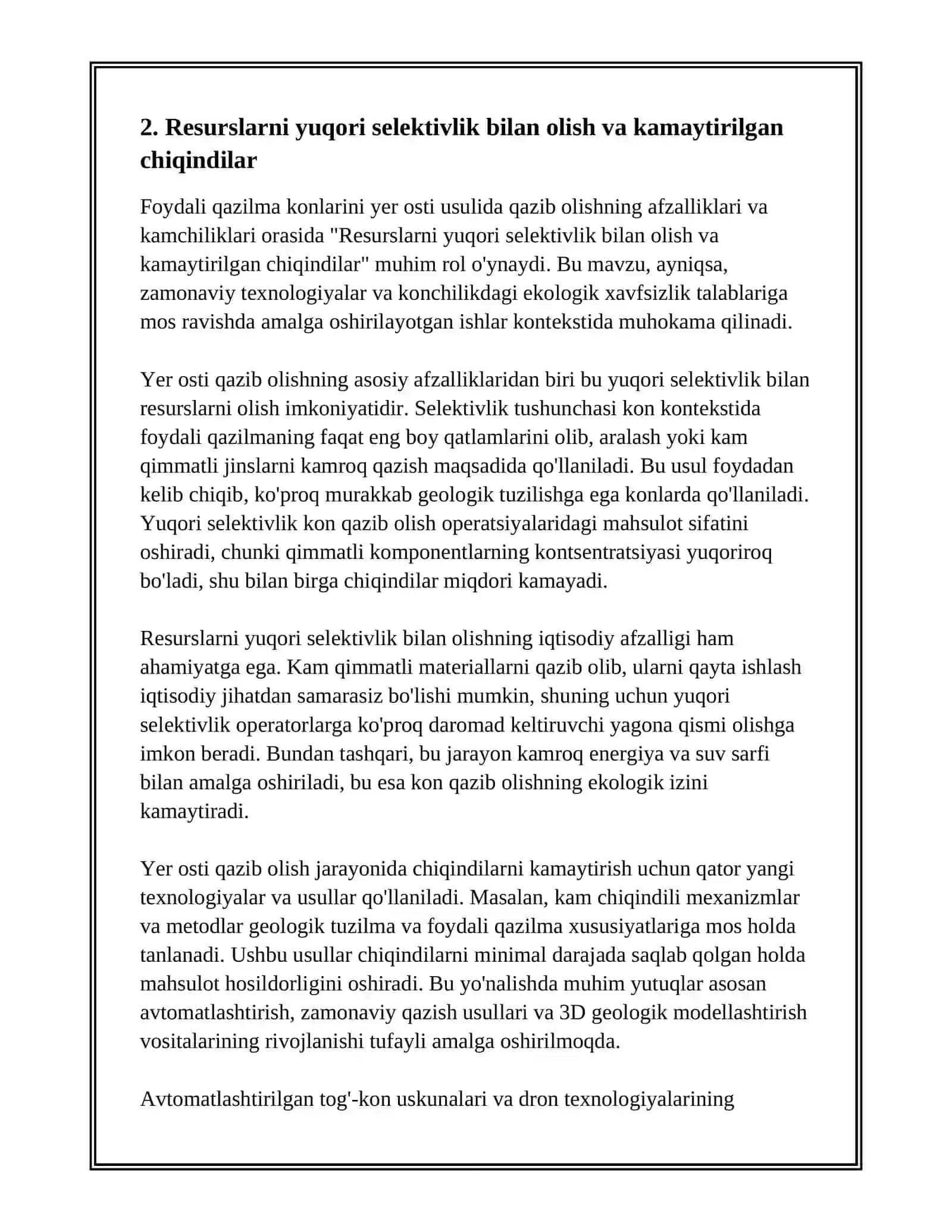 FOYDALI QAZILMA KONLARINI YER OSTI USULIDA QAZIB OLISHNING AFZALLIKLARI VA KAMCHILIKLARI 4
