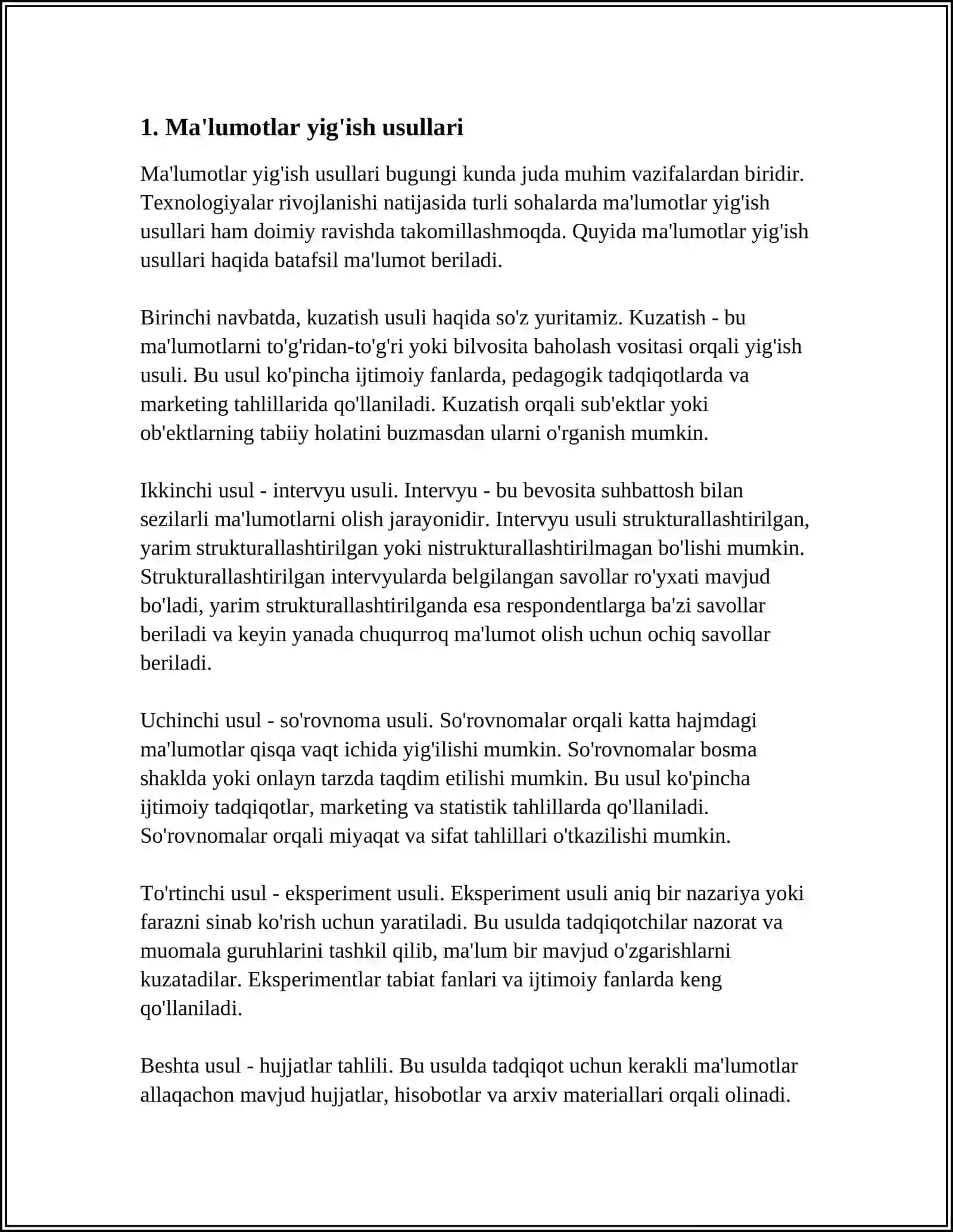 TOʻPLANGAN MA'LUMOTLARNI TAHLIL QILISH, SHAKLLANTIRISH,STRUKTURALASH 4