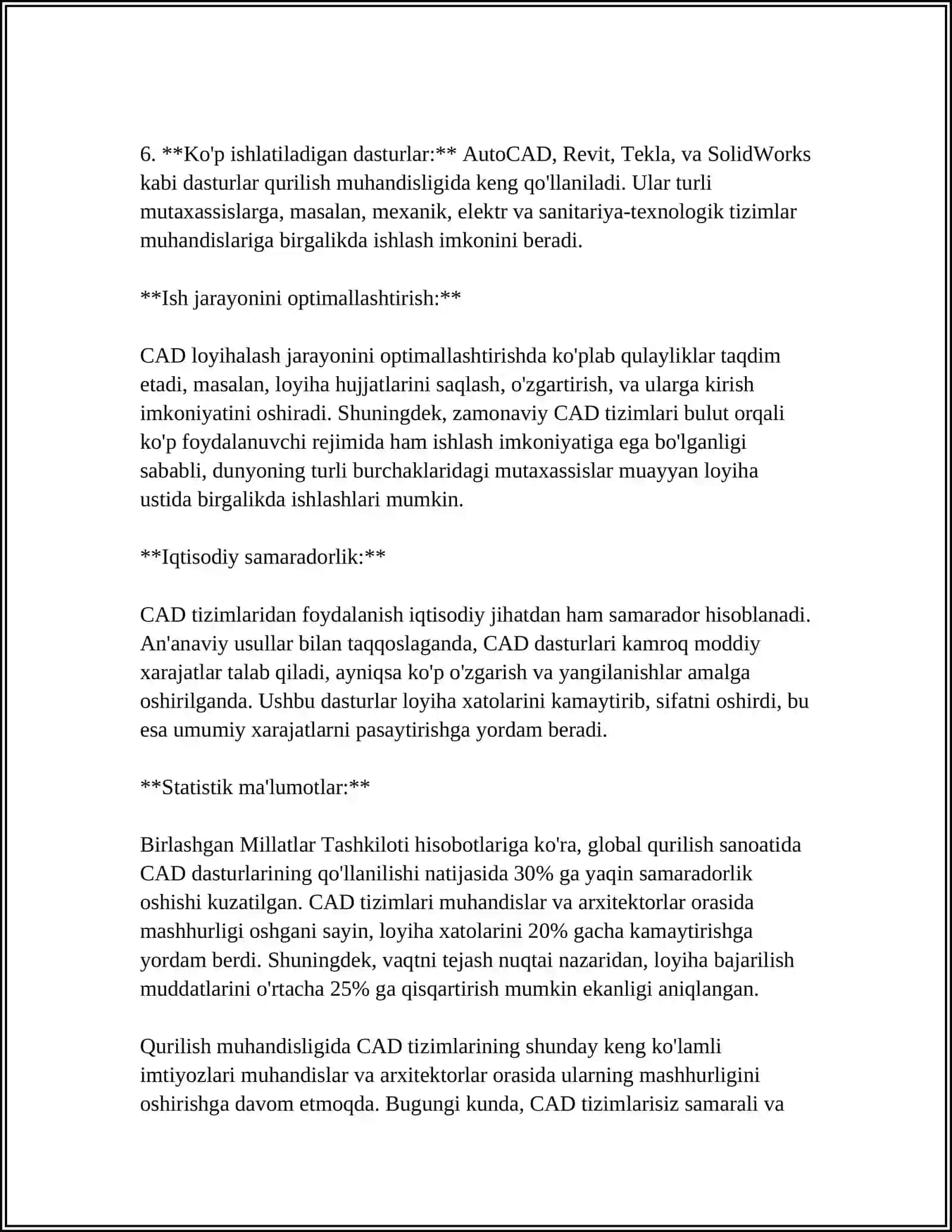 QURILISH MUHANDISLIK CAD TIZIMLARINI AVZALLIKLARI MISOLLAR. ISHLARIDA QO'LLASH 4