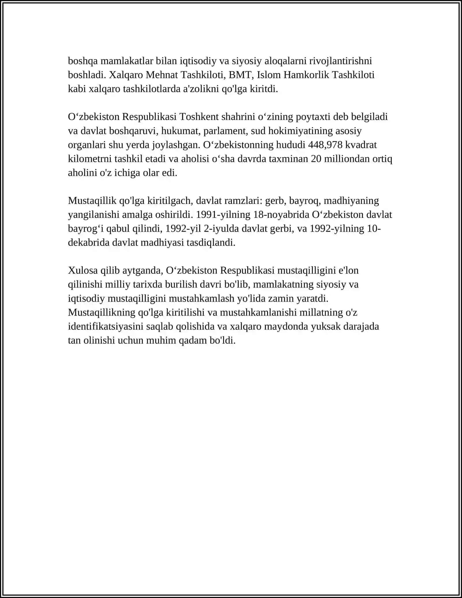 MUSTAQIL OʻZBEKISTON RESPUBLIKASI TASHKIL TOPISHI VA TARIXIY AHAMIYATI 4