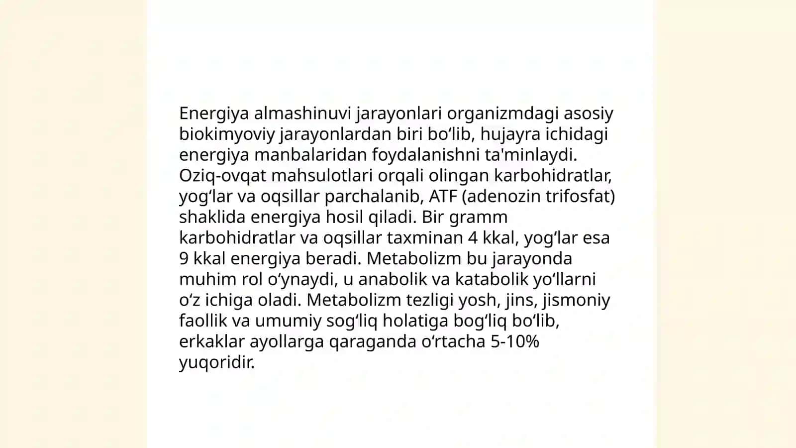Moddalar va energiya almashinuvi.Tana haroratini boshqarilishi (termoregulyatsiya) by Elboyeva Shahrizoda 4