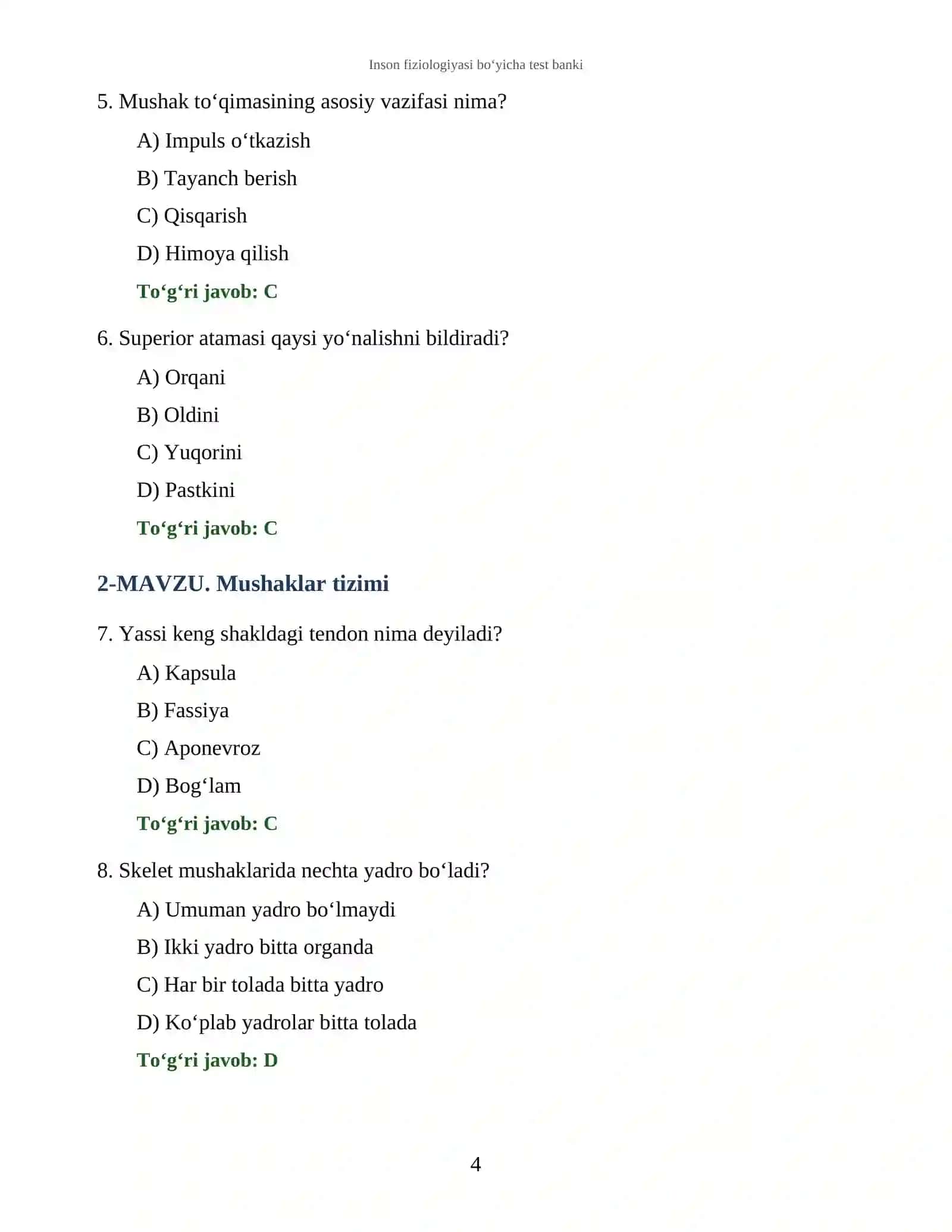 Inson fiziologiyasi bo‘yicha test banki 4