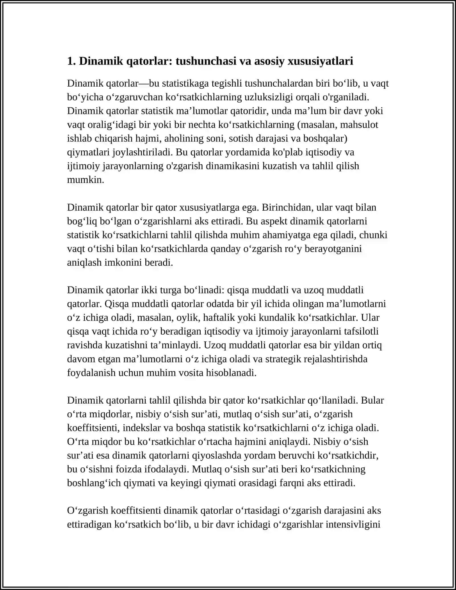 DINAMIK QATORLAR,TURLARI,KO’RSATKICHLARI,STATISTIK TAHLIL ETISHDA QO’LLANILISHI 4