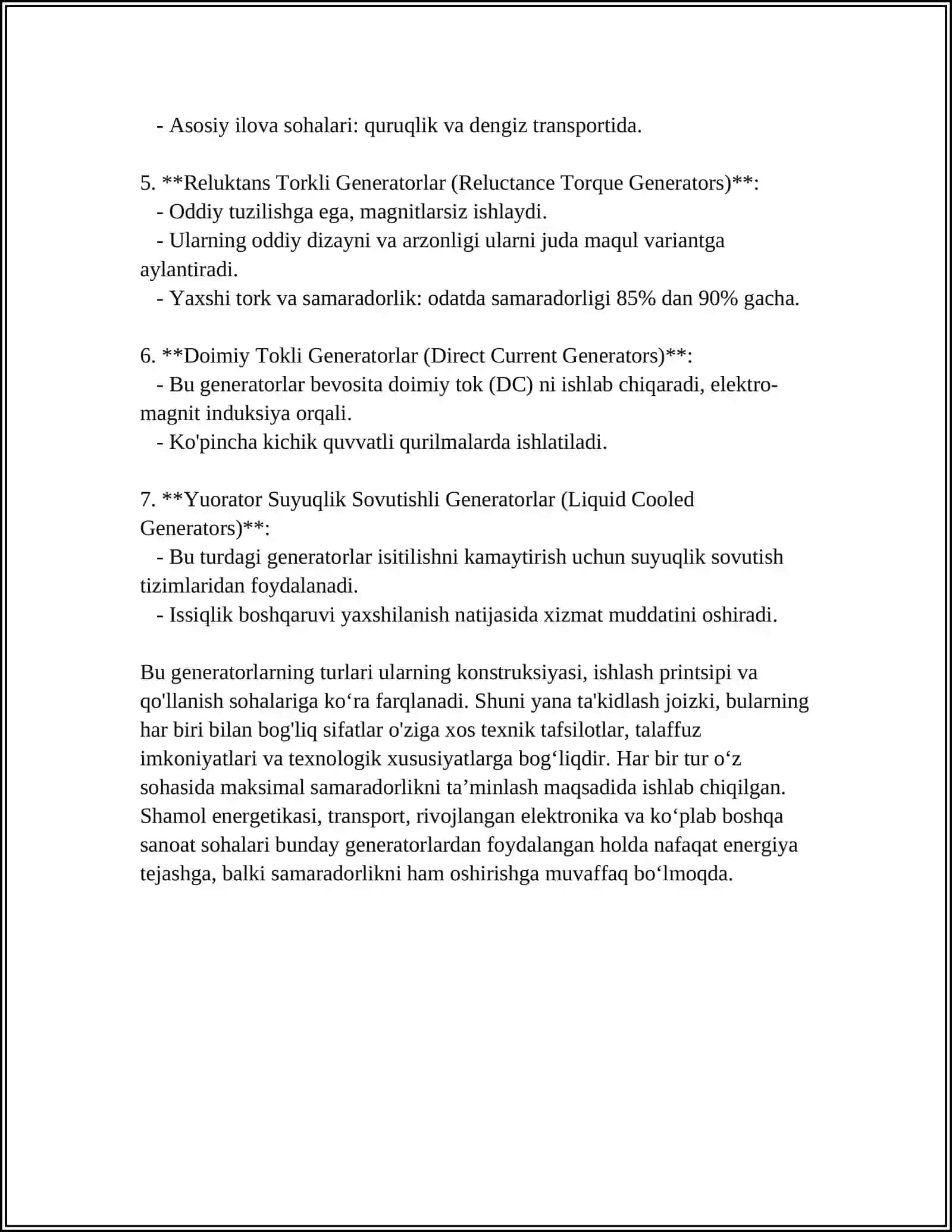 KONTAKSIZ (CHO'TKASIZ) O'ZGARUVCHAN TOK GENERATORILARNING TURLARI, TUZILISHI, ISHLASH PRINSIPI. AFZALLIK VA KAMCHILIKLARI 4