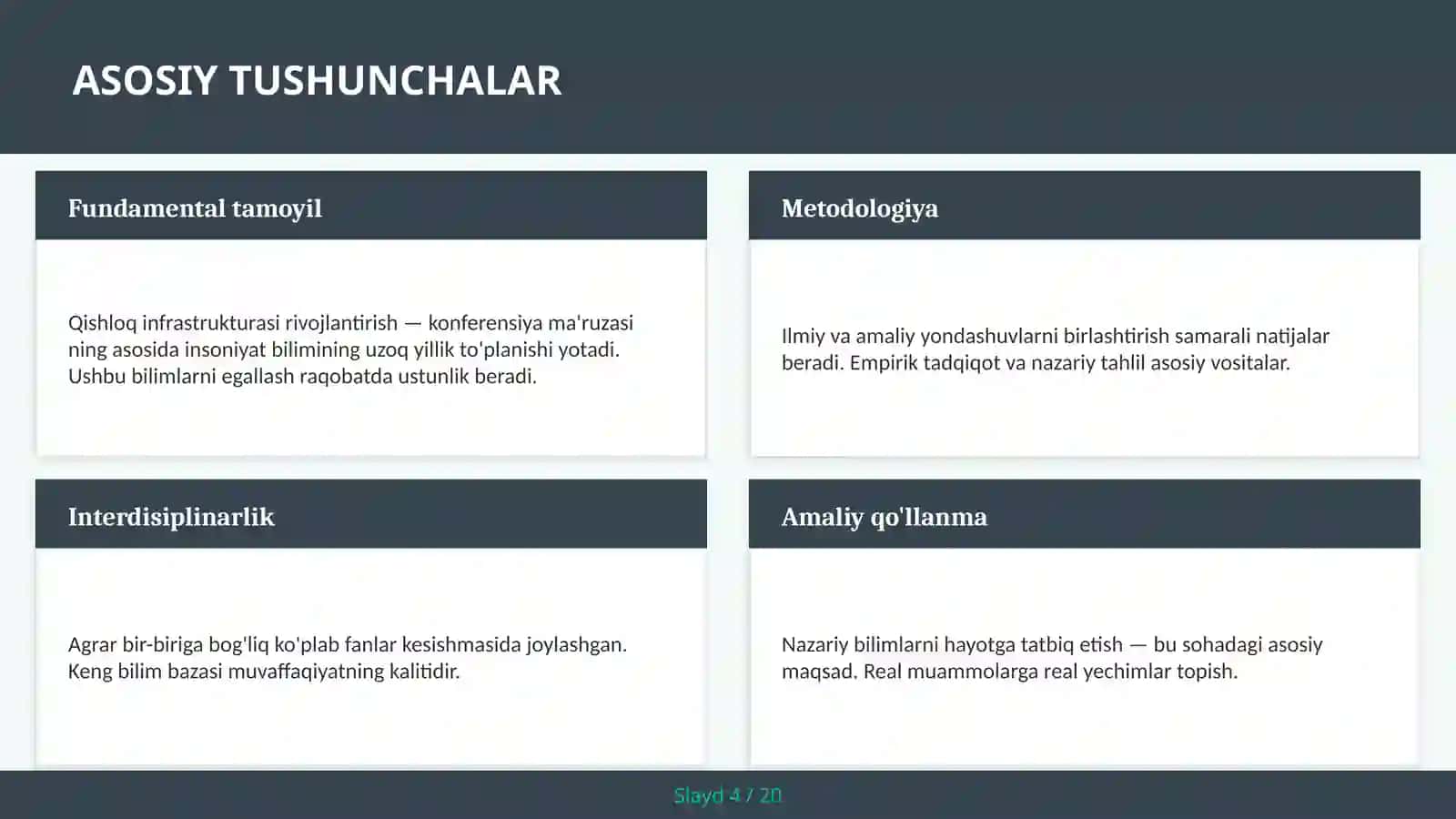 Qishloq infrastrukturasi rivojlantirish — konferensiya ma'ruzasi 4