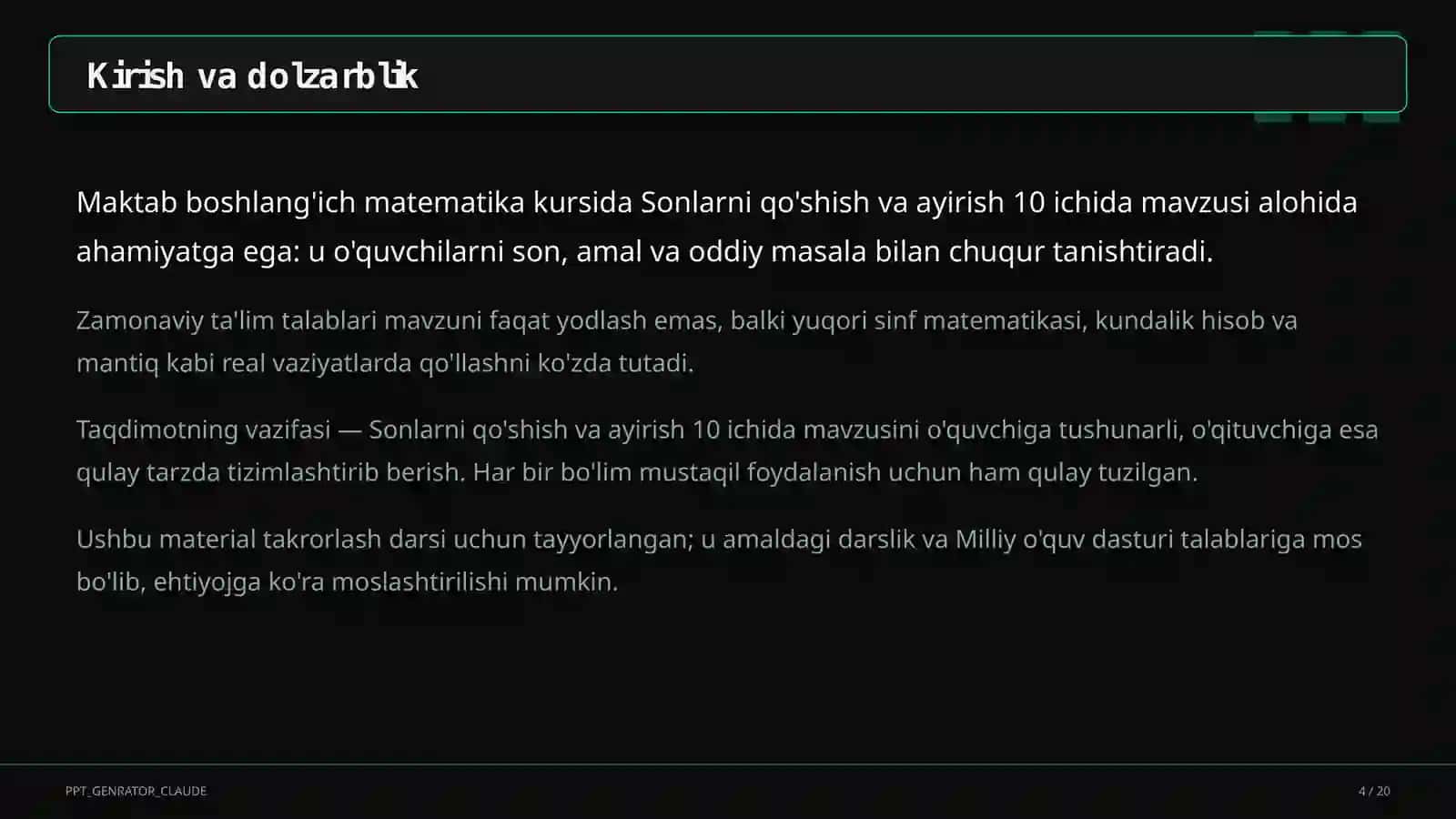 Matematika (1–4) — takrorlash darsi uchun 4