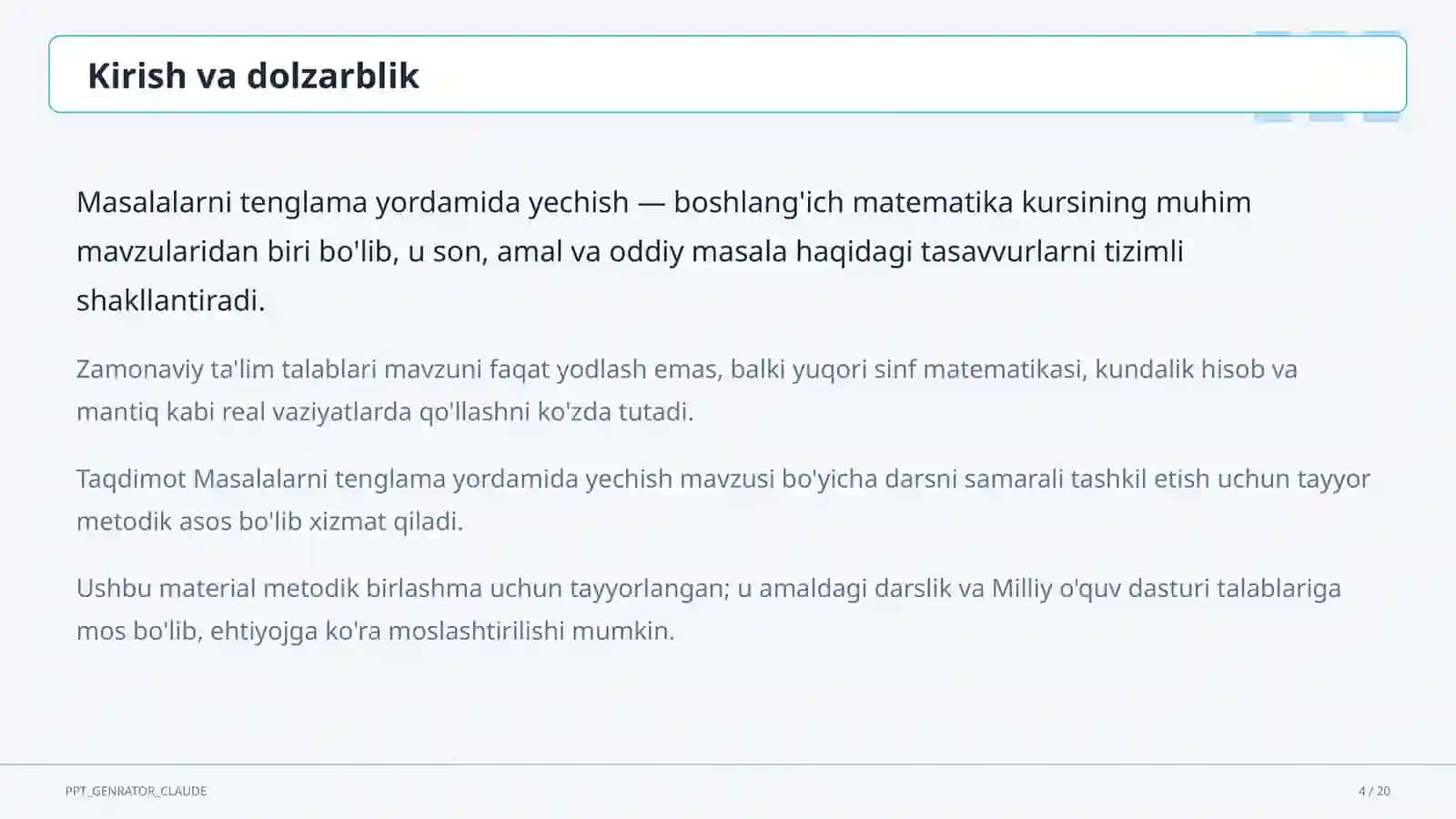 Masalalarni tenglama yordamida yechish (3-sinf) 4