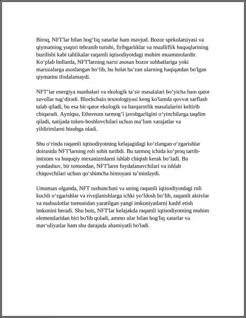NFT VA RAQAMLI IQTISODIYOT: BU YANGI AKTIVNING SALOHIYATI VA XATARLARI 4