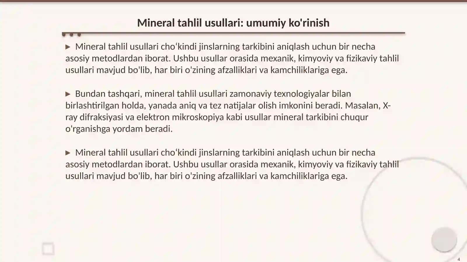 Choʻkindi jinslarning moddiy tarkibini oʻrganish usullari:Togʻ jinslarining mineral tarkibini aniqlash usullari 4
