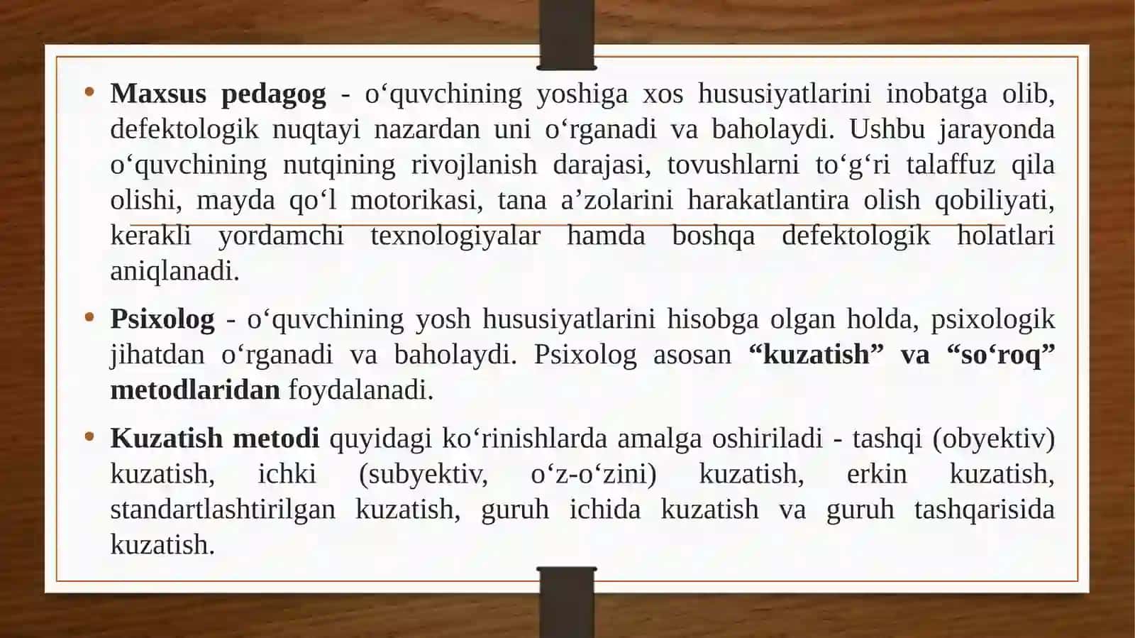 1-xat boshi boʻyicha. “Maktabga qabul qilingan yoki taʼlim olayotgan alohida taʼlim ehtiyojlari boʻlgan oʻquvchilarni funksional baholash orqali asl holatini oʻrganish”. 4