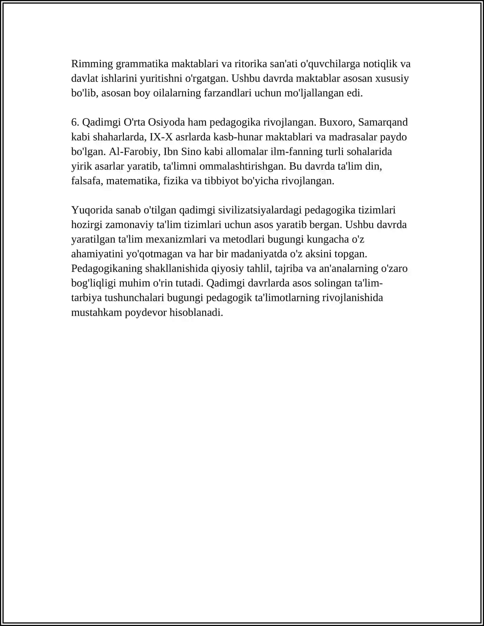 ENG QADIMGI DAVRLARDAN 19 ASRNING BIRINCHI YARMIDA JAHON PEDAGOGIKA FANINING RIVOJLANISH TARIXI.YA.A.KOMENSKIYNING PEDAGOGIK NAZARIYASI 12ASRDA ROSSIYADA PEDAGOGIK ADABIYOTLARNNG NASHR ETILISHI.RUS PEDAGOG OLIMLARNING PEDAGOGIK G’OYALARI 4