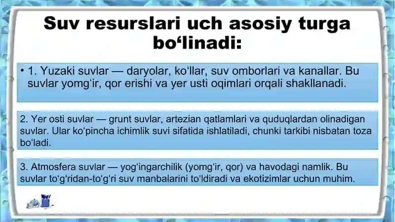 Suv resurslari va ularning muhofazasi. Oqava suvlar va ularni tozalash usullarining sinflanishi 4