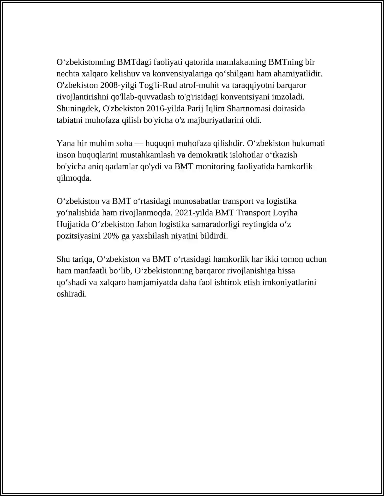 OʻZBEKISTONNING XALQARO TASHKILOTLAR BILAN HAMKORLIK ALOQALARI 4