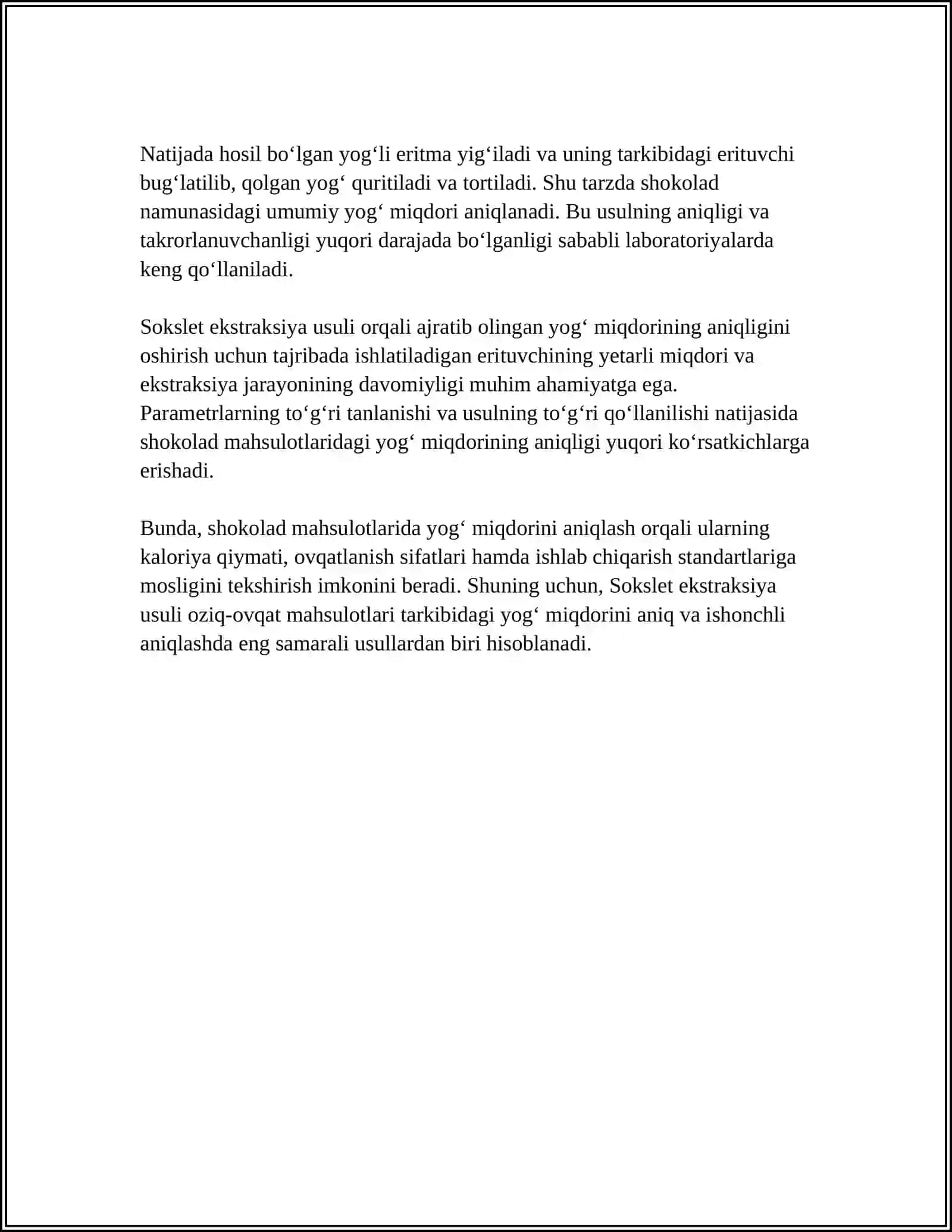 SHOKOLAD MAHSULOTLARIDA YOG‘ MIQDORINI ANIQLASH – SOKSLET EKSTRAKSIYA USULI 4