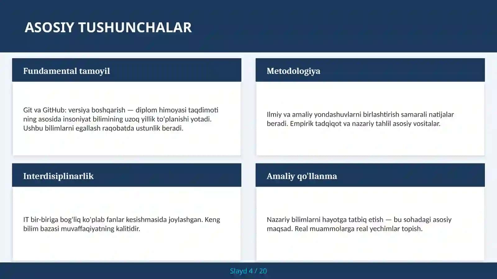 Git va GitHub: versiya boshqarish — diplom himoyasi taqdimoti 4