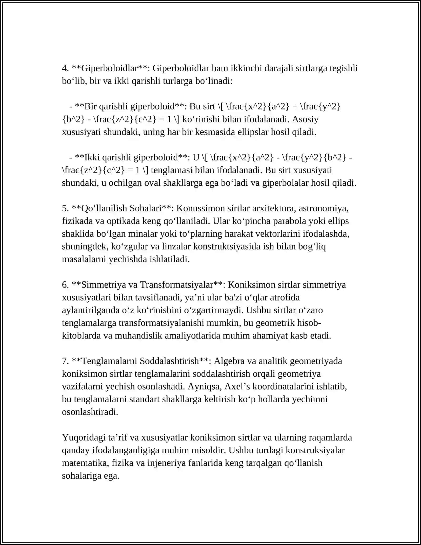 KONUSSIMON SIRTLAR. SFERA. AYLANISH SIRTLAR. IKKINCHI TARTIBLI SIRTLARGA DOIR MASHQLAR 4