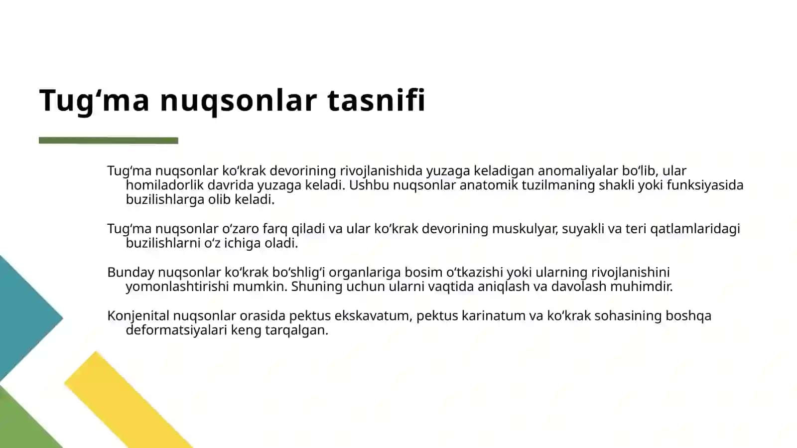 KO‘KRAK DEVORI TUGʻMA VA ORTTIRILGAN NUQSONLARIDA OPERATSIYALAR. DIAFRAGMANING TUGʻMA VA ORTTIRILGAN PATOLOGIYALARIDA OPERATSIYALAR 4
