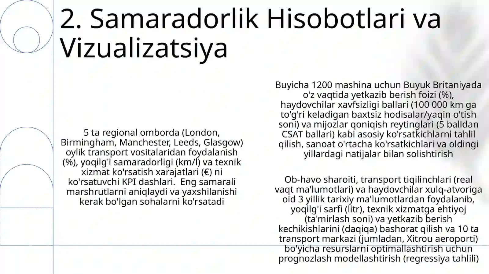 Avtomobil transporti asosiy ish ko'rsatkichlarini o'rganish 4