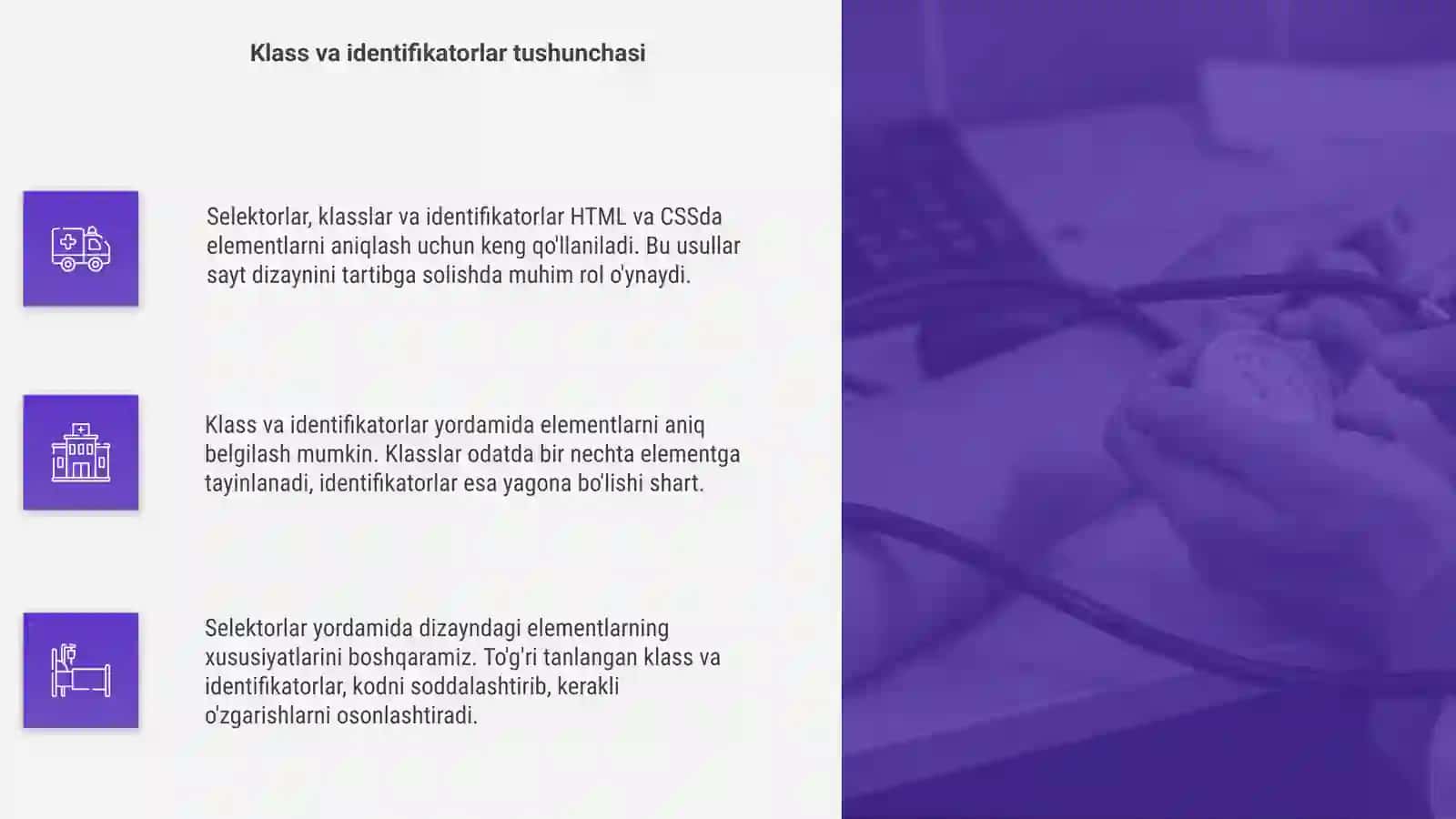 Selektor, klass va identifikatorlami yaratish 4