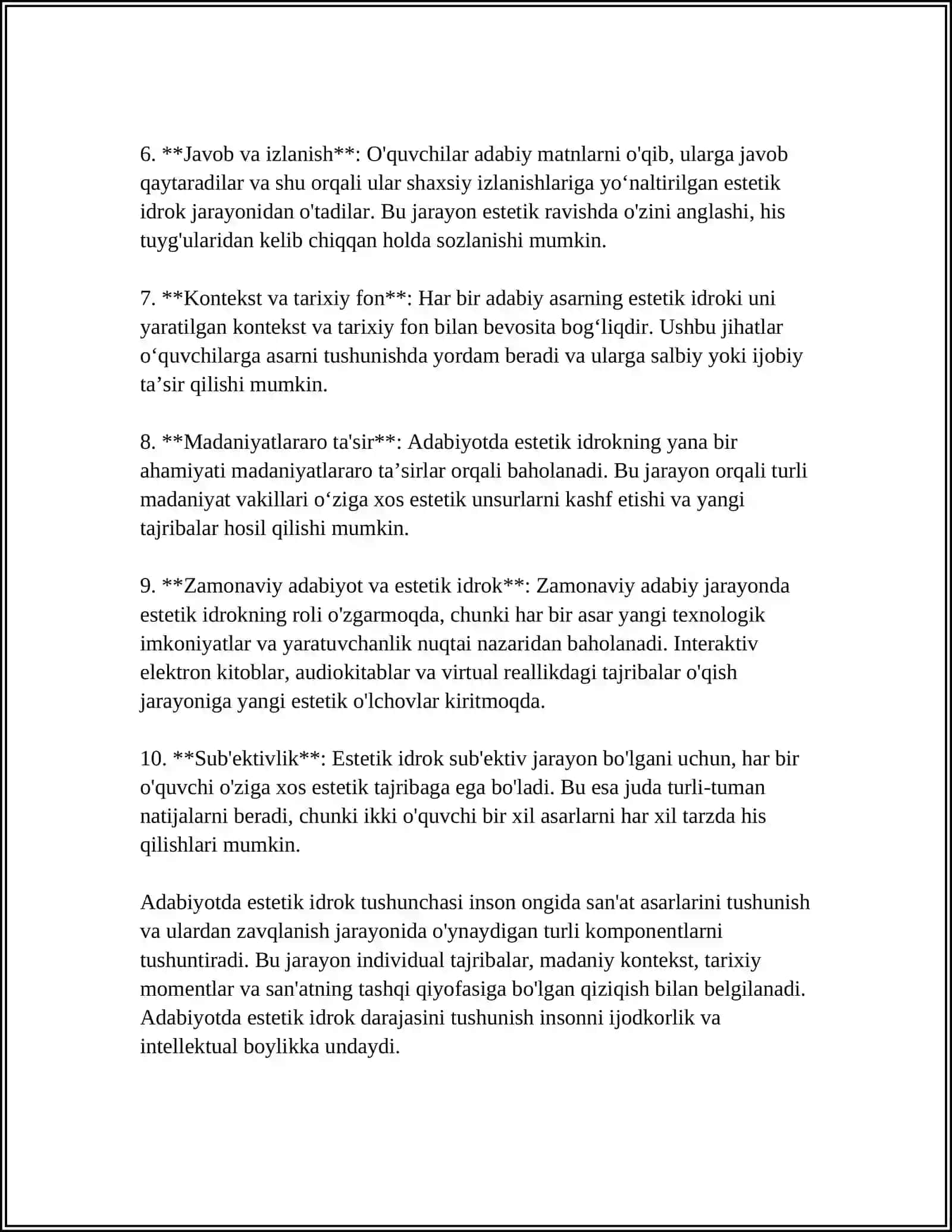 DUNYONI ESTETIK IDROK ETISHDA BADIIY ASARLARNING AHAMIYATI MAVZUSIDA ESSE YOZISH 4