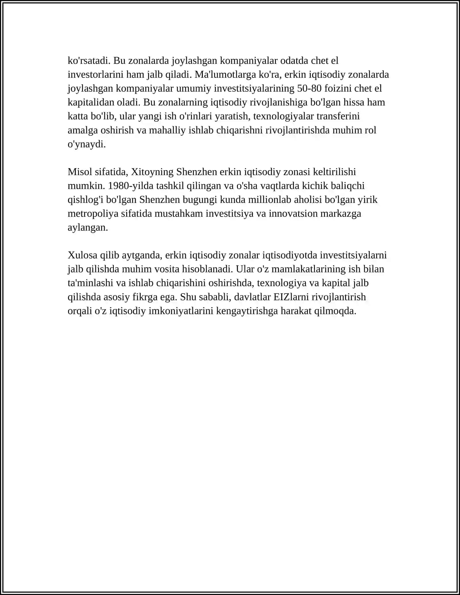 MUSTAQIL ISH Mavzu: IQTISODIYOTGA INVESTITSIYANI JALB QILISHDA ERKIN IQTISODIY ZONALARNING O'RNI 4