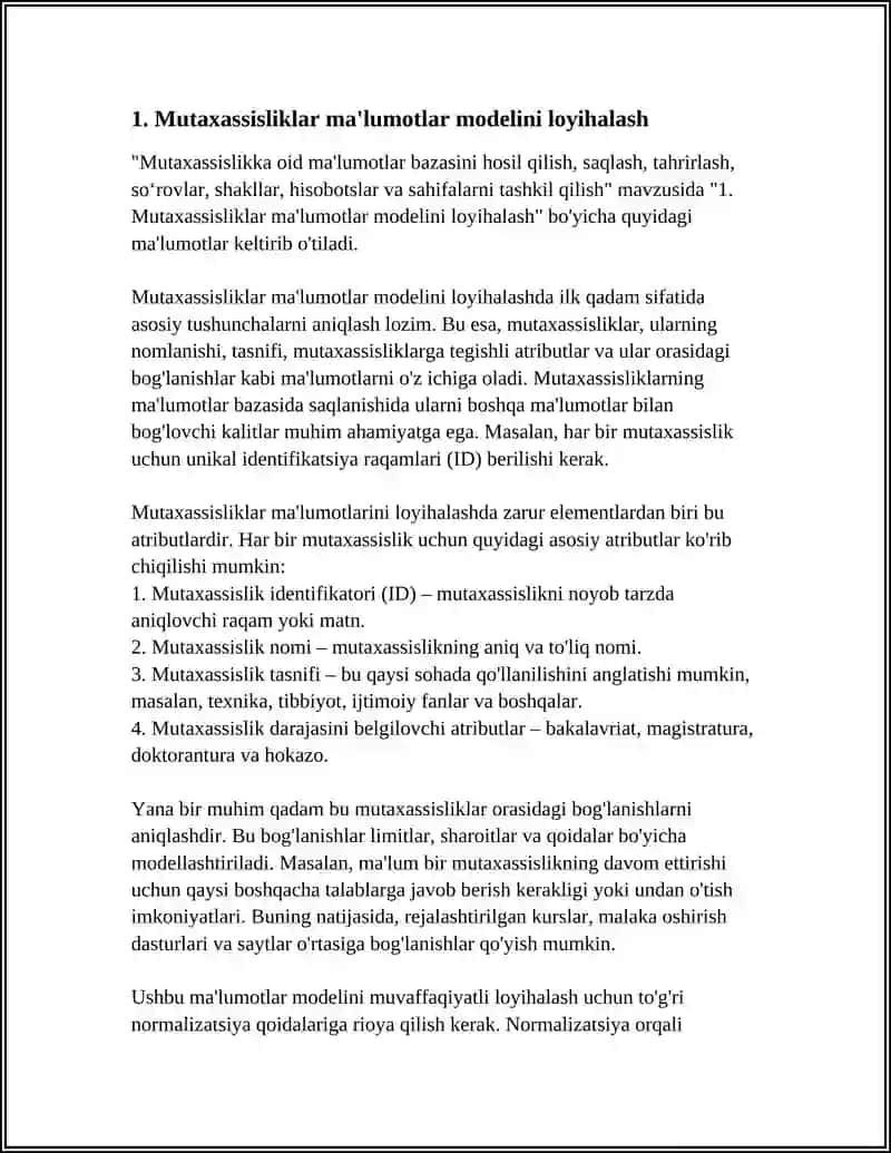 MUTAXASSISLIKKA OID MA'LUMOTLAR BAZASINI HOSIL QILISH, SAQLASH, TAHRIRLASH, SOʻROVLAR, SHAKLLAR, HISOBOTLAR VA SAHIFALARNI TASHKIL QILISH 4