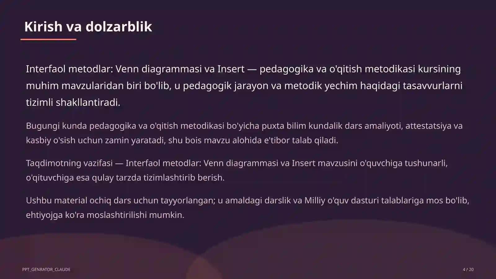 Interfaol metodlar: Venn diagrammasi va Insert 4