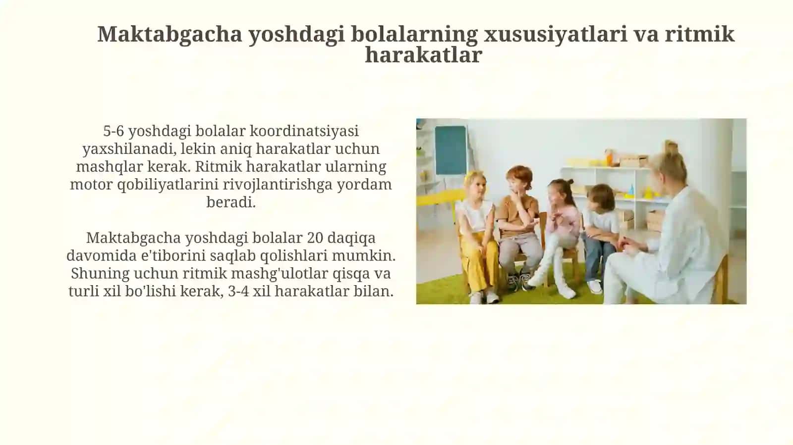 MTTda Bolalarni musiqaviy ritmik harakatlarga oʻrgatish(tayyorlovguruhlarda) 4