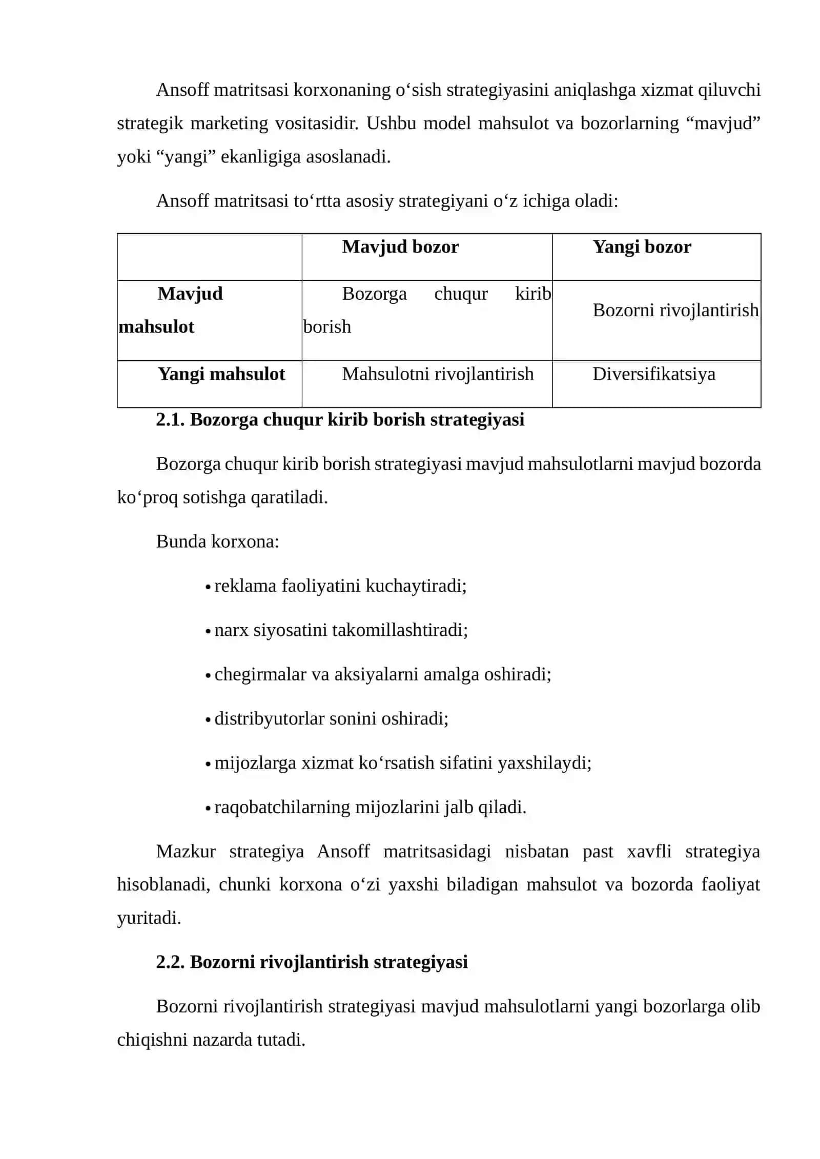 Korxona o‘sish strategiyasini Ansoff matritsiyasi asosida ishlab chiqish 4