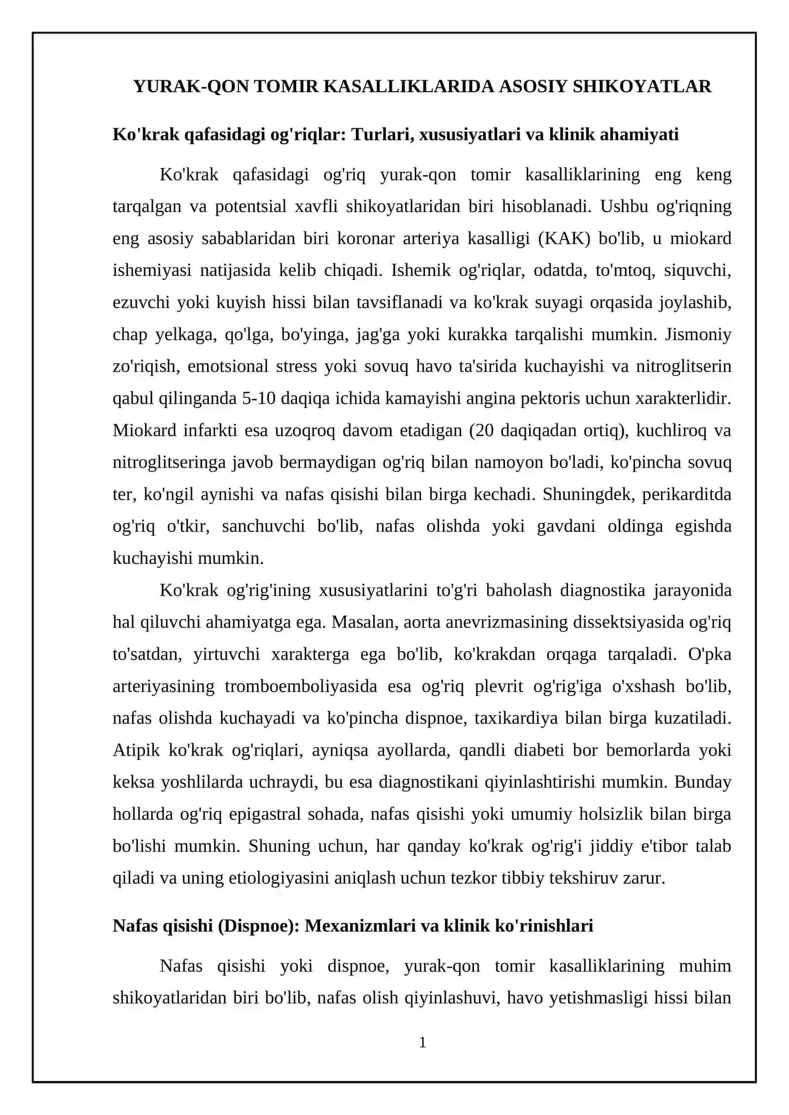 Yurak va qon aylanish tizimi kasalliklarida shikoyatning ahamyati 4
