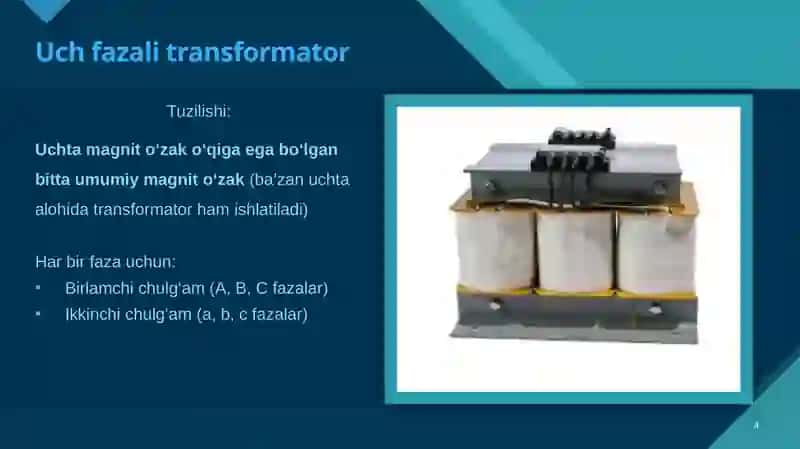 Uchfazali, ikkichulg`amli transformatorlarlarining ulanishi va transformatsiya koeffsiyentlari 4