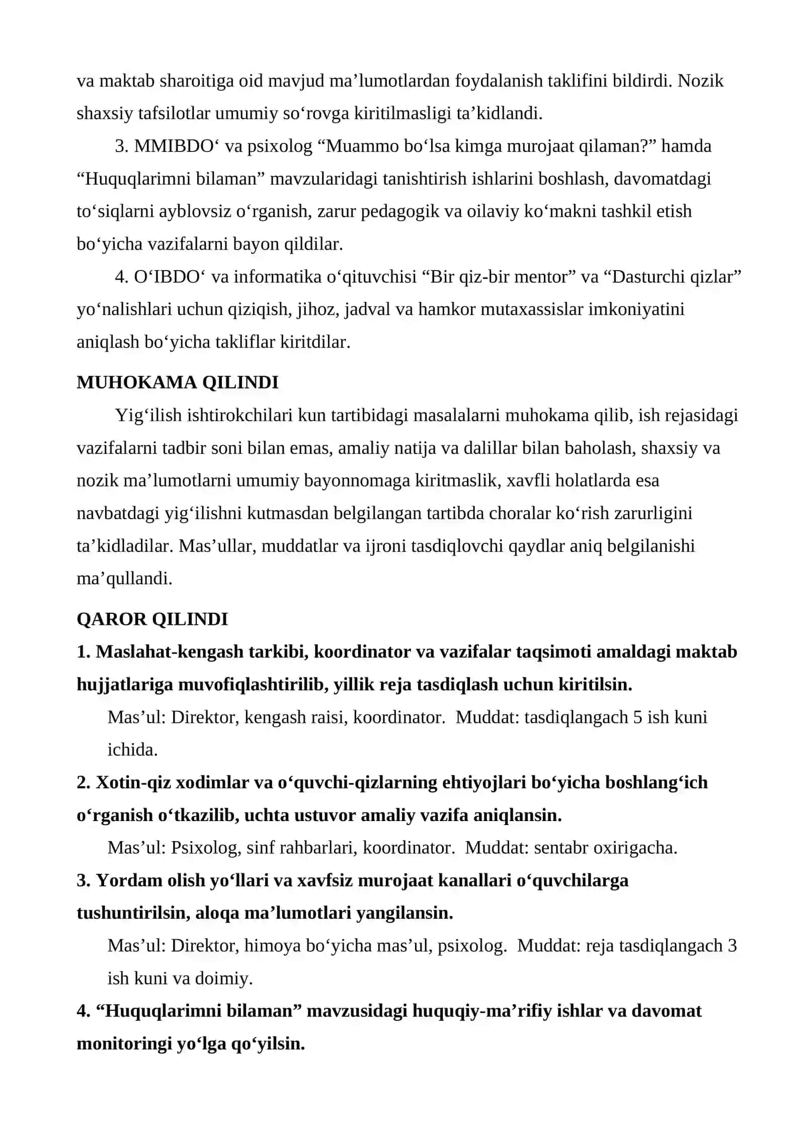 XOTIN-QIZLAR VA ERKAKLAR UCHUN TENG HUQUQ HAMDA IMKONIYATLARNI TA’MINLASH MASALALARI BO‘YICHA MASLAHAT-KENGASH YIG‘ILISHI BAYONNOMA 4