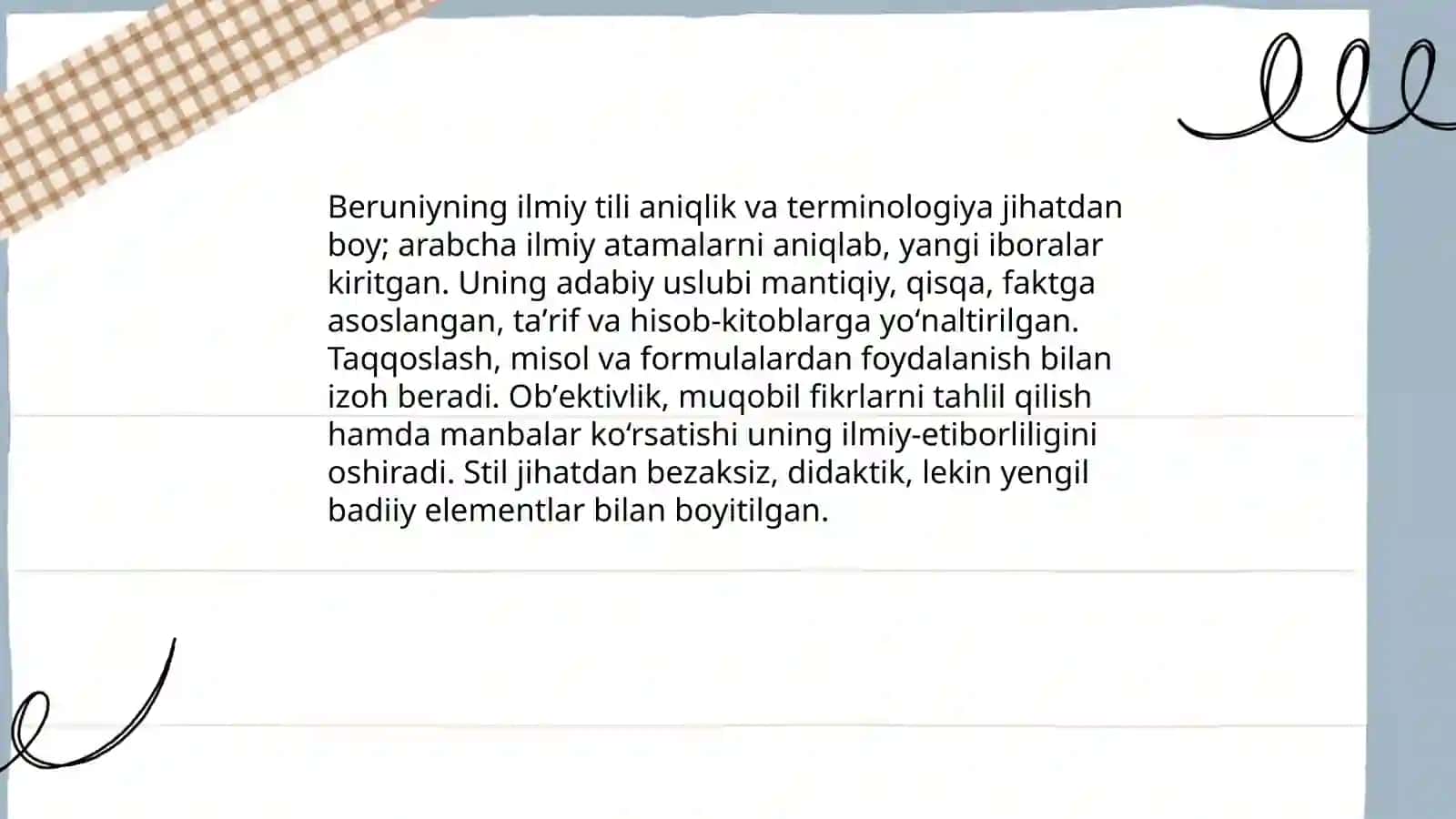Beruniyning Adabiyotga oid faoliyatini oʻrganish 4