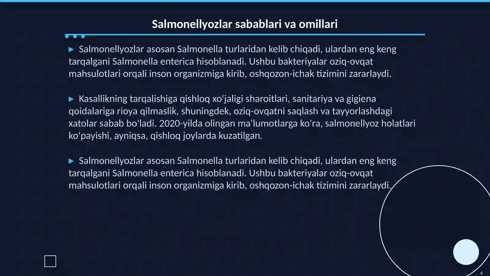 Salmonellyozlar.Epidemialogiyasi va profilaktikasi.Salmonellyozlar da epidemik jarayonning namoyon boʻlishi 4