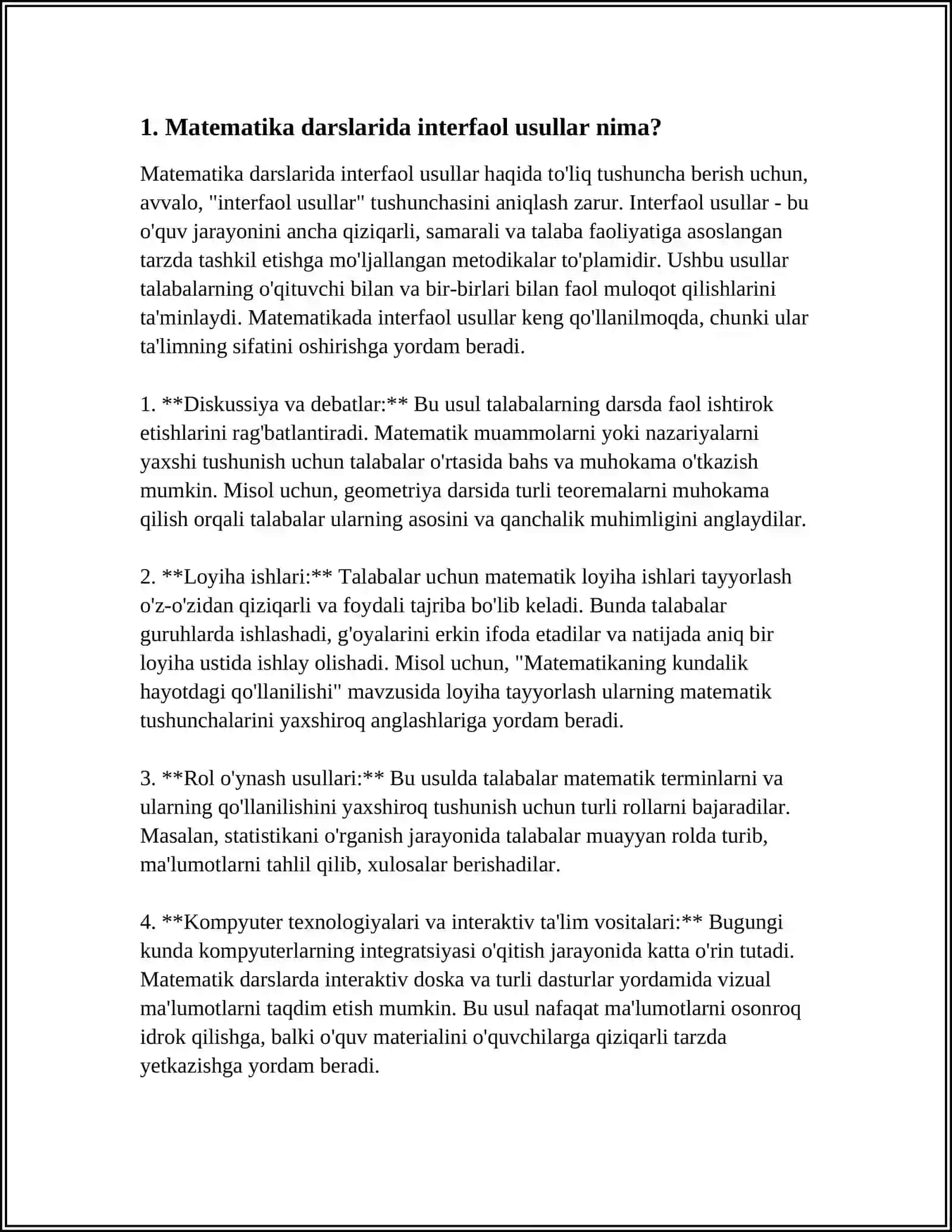 1-SINF MATEMATIKA DARSLARIDA O`QITISHNING INTERFAOL USULLARIDAN FOYDALANISH METODIKASI 4