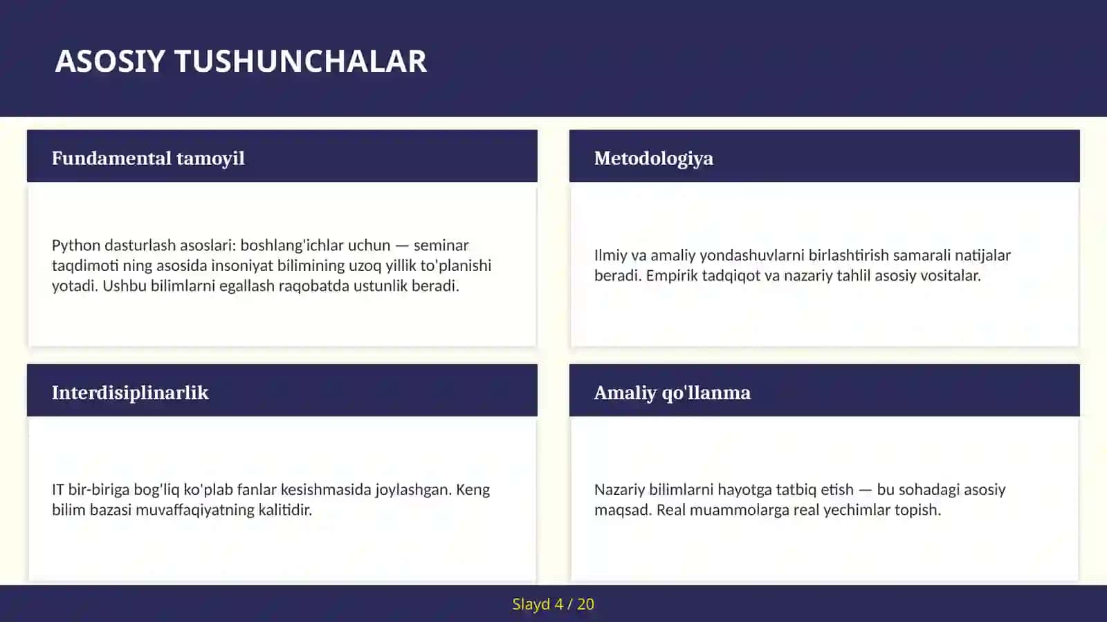 Python dasturlash asoslari: boshlang'ichlar uchun — seminar taqdimoti 4