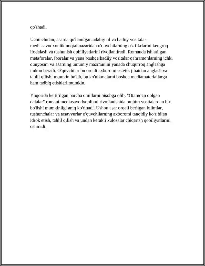 TOGʻAY MURODNING " OTAMDAN QOLGAN DALALAR " ROMANI VA MEDIASAVODXONLIK DARAJASIGA TA'SIR ETUVCHI OMILLAR 4