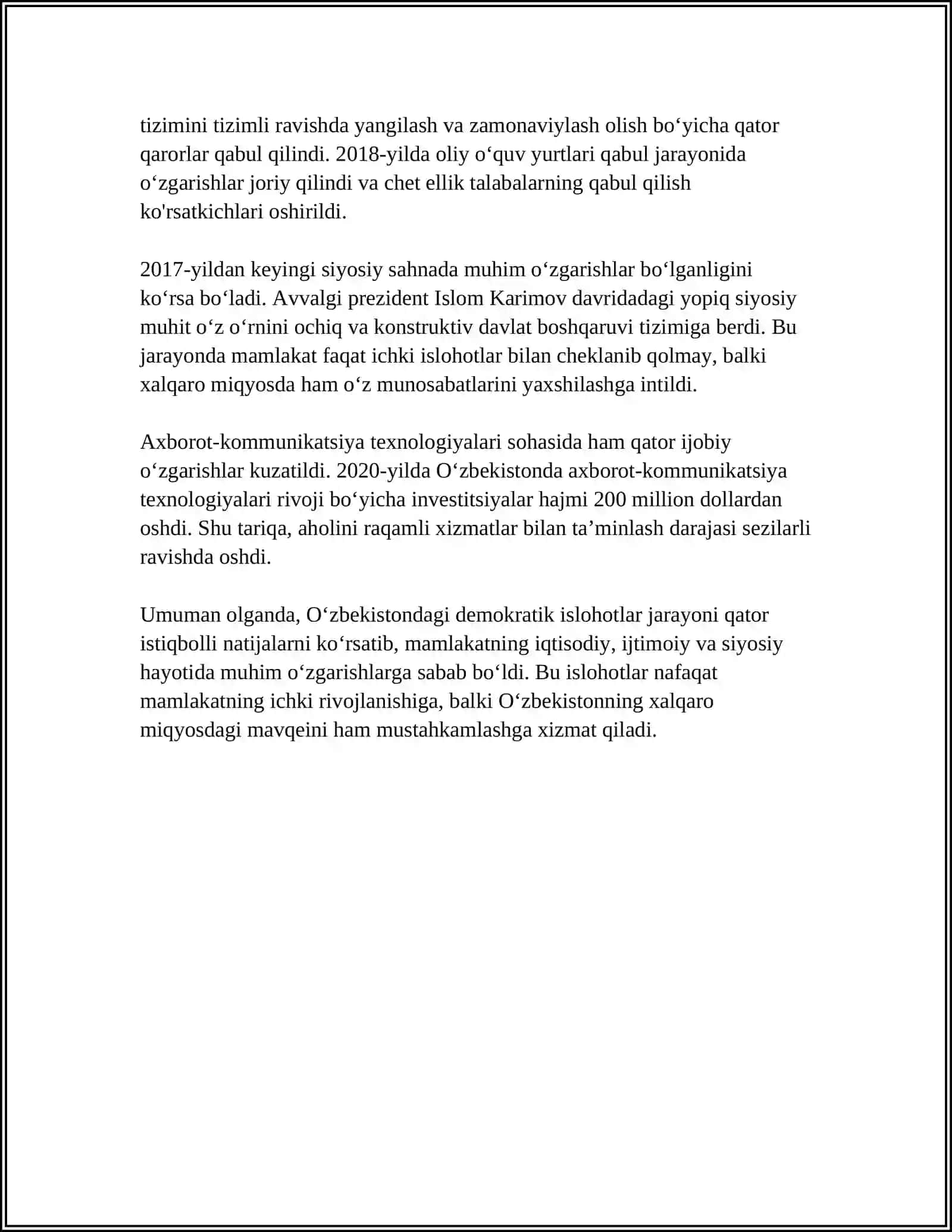 MUSTAQIL ISH Mavzu: OʻZBEKISTONDA DEMOKRATIK, FUQAROLIK JAMIYATI ASOSLARINING SHAKLLANTIRILISHIGA, AMALGA OSHIRILGAN SIYOSIY ISLOHOTLAR 4