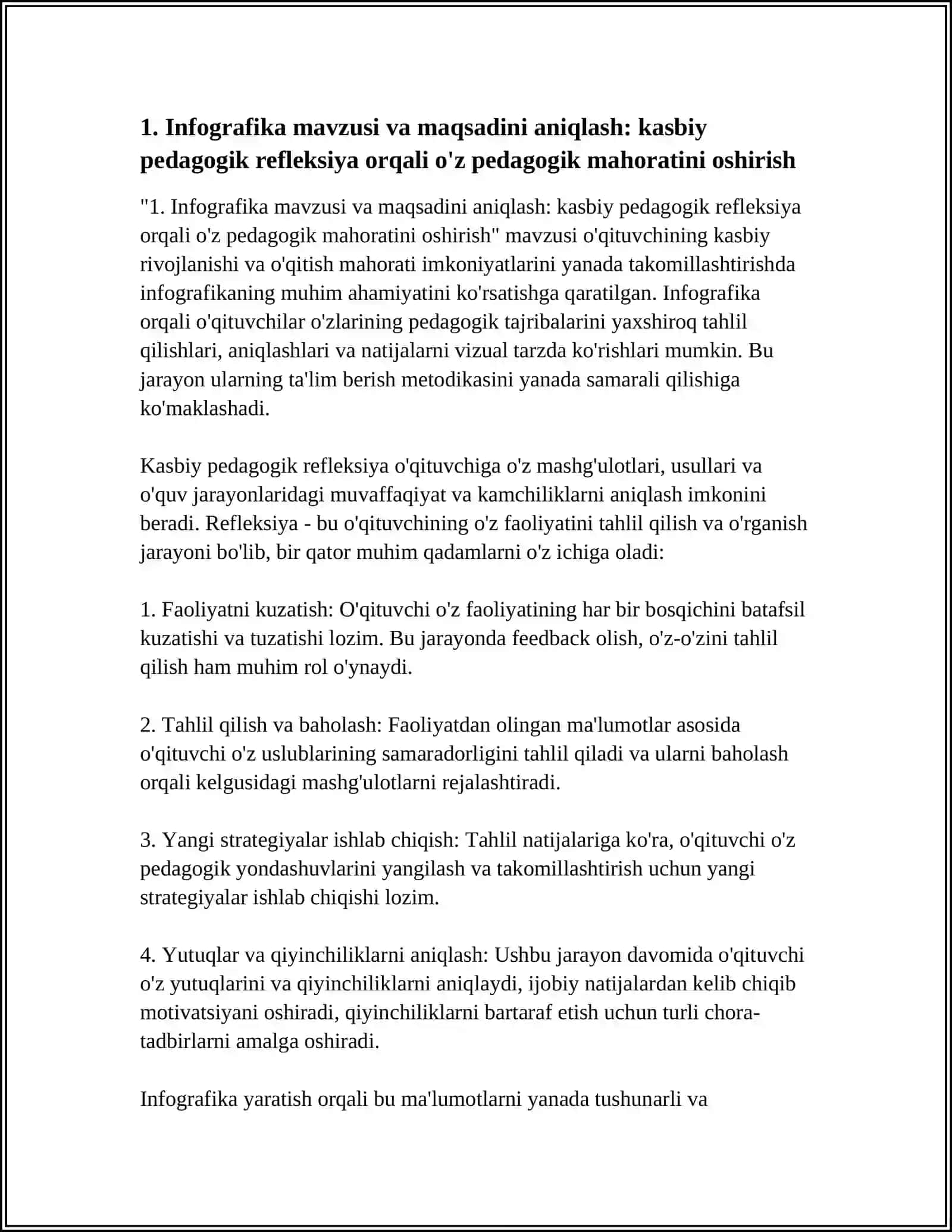 O'QITUVCHINI KASBIY PEDAGOGIK REFLEKSIYASI ASOSIDA O'Z PEDAGOGIK MAHORATI IMKONIYATLARINI TAKOMILLASHTIRISH INFOGRAFIYASINI TUZISH 4