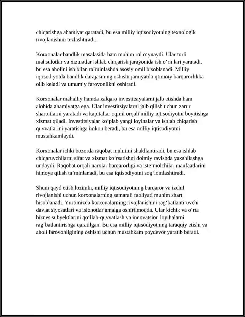 MILLIY IQTISODIYOTNI RIVOJLANISHI VA AHOLI BANDLIGINI TA'MINLASHDA KORXONANING ORNI VA RO'LI 4