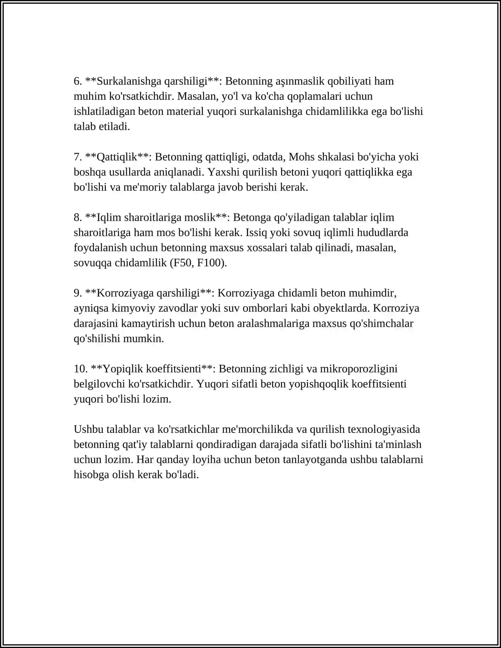 BETONGA QOYILGAN TALABLAR VA ULARNING ASOSIY XOSSALARI 4
