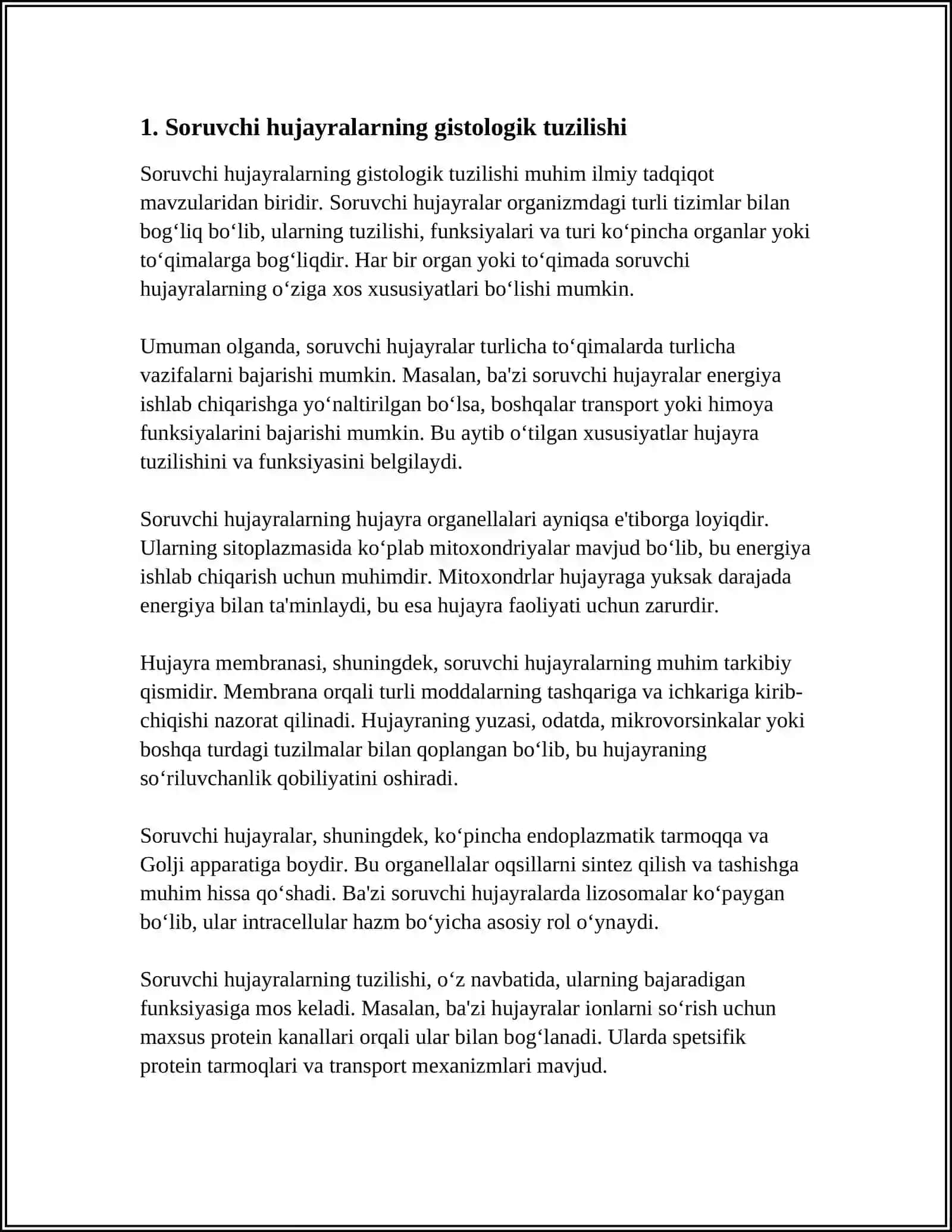 SÒRUVCHI,SEKRETOR,QISQARUVCHI HUJAYRALARNING IMPULS ÒTKAZUVCHI,IMPULS HOSIL QILUVCHI VA TRANSPORT HUJAYRALARING VAZIFASIGA KÒRA GISTOLOGIK TUZILISHIDAGI ÒZIGA XOSLIK 4