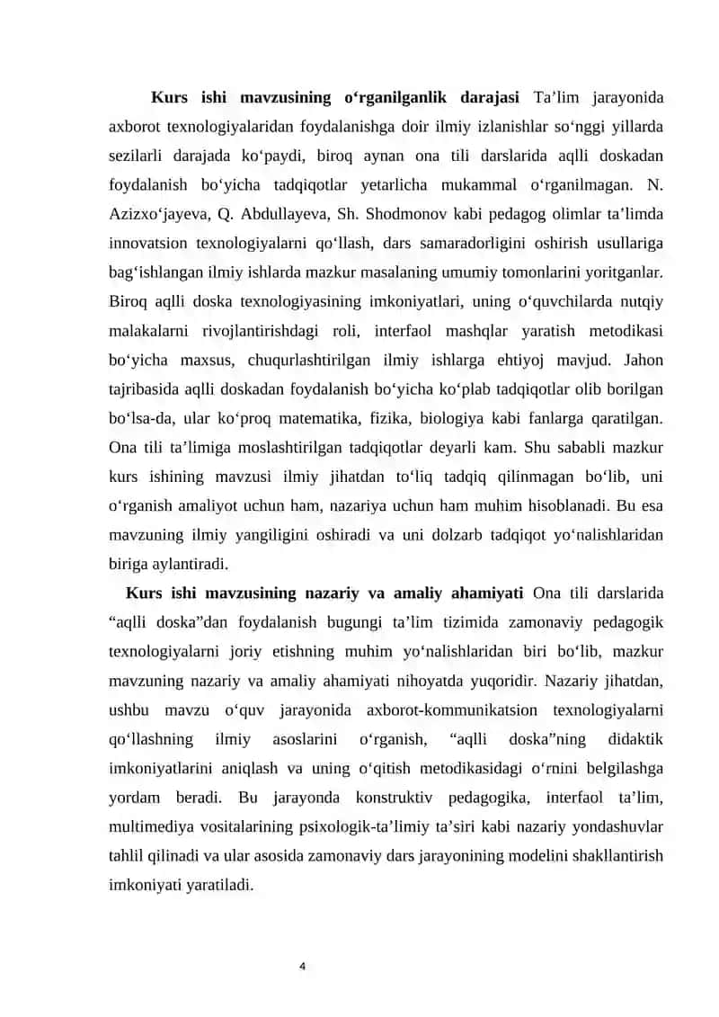 Ona tili darslarida “Aqlli doska”dan foydalanish metodikasi.        kurs ishi 4
