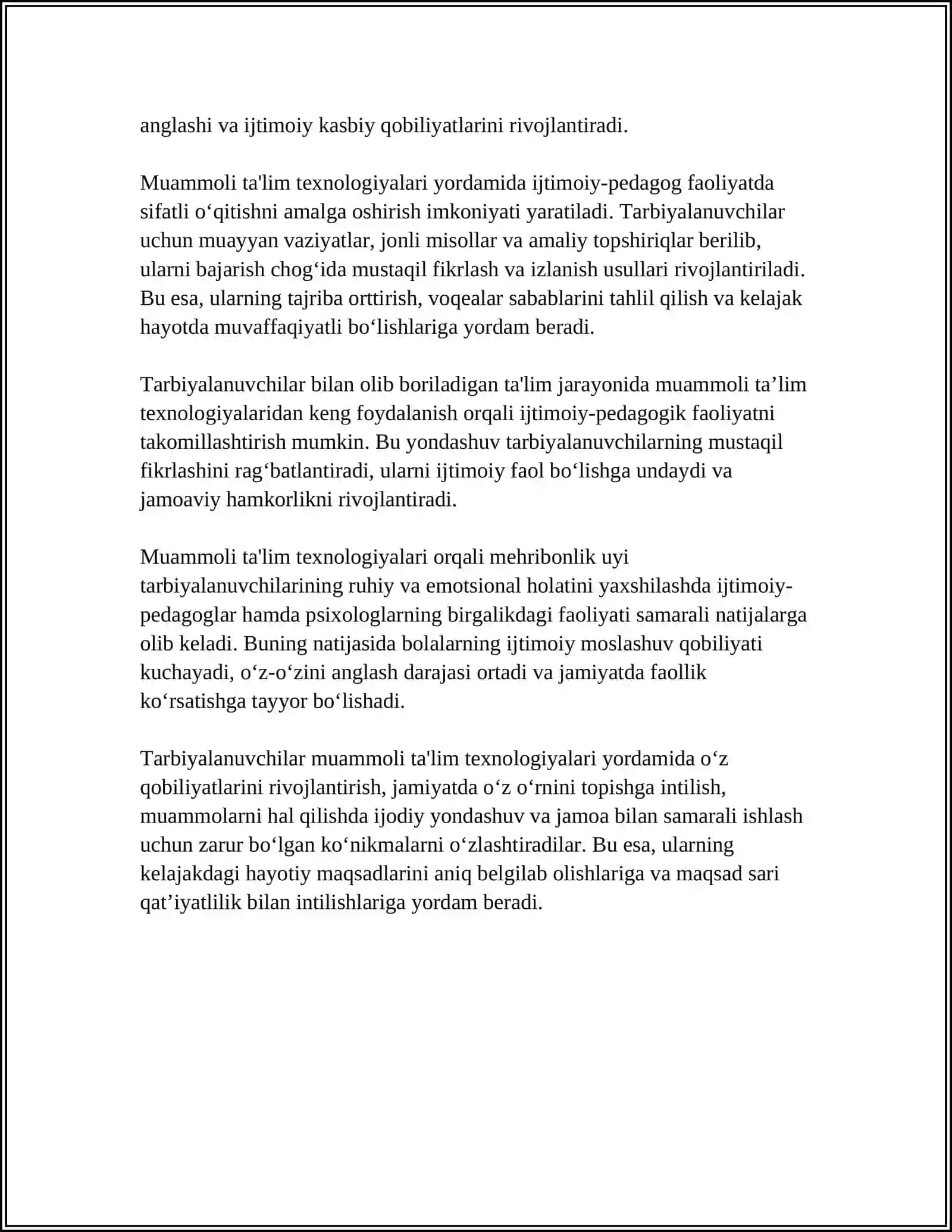 MEHRIBONLIK UYI TARBIYALANUVCHILARI BILAN OLOB BORILADIGAN IJTIMOIY -PEDAGOG FAOLIYATDA MUAMMOLI TALIM TEXNOLOGIYLARDAN FOYDALANISH 4