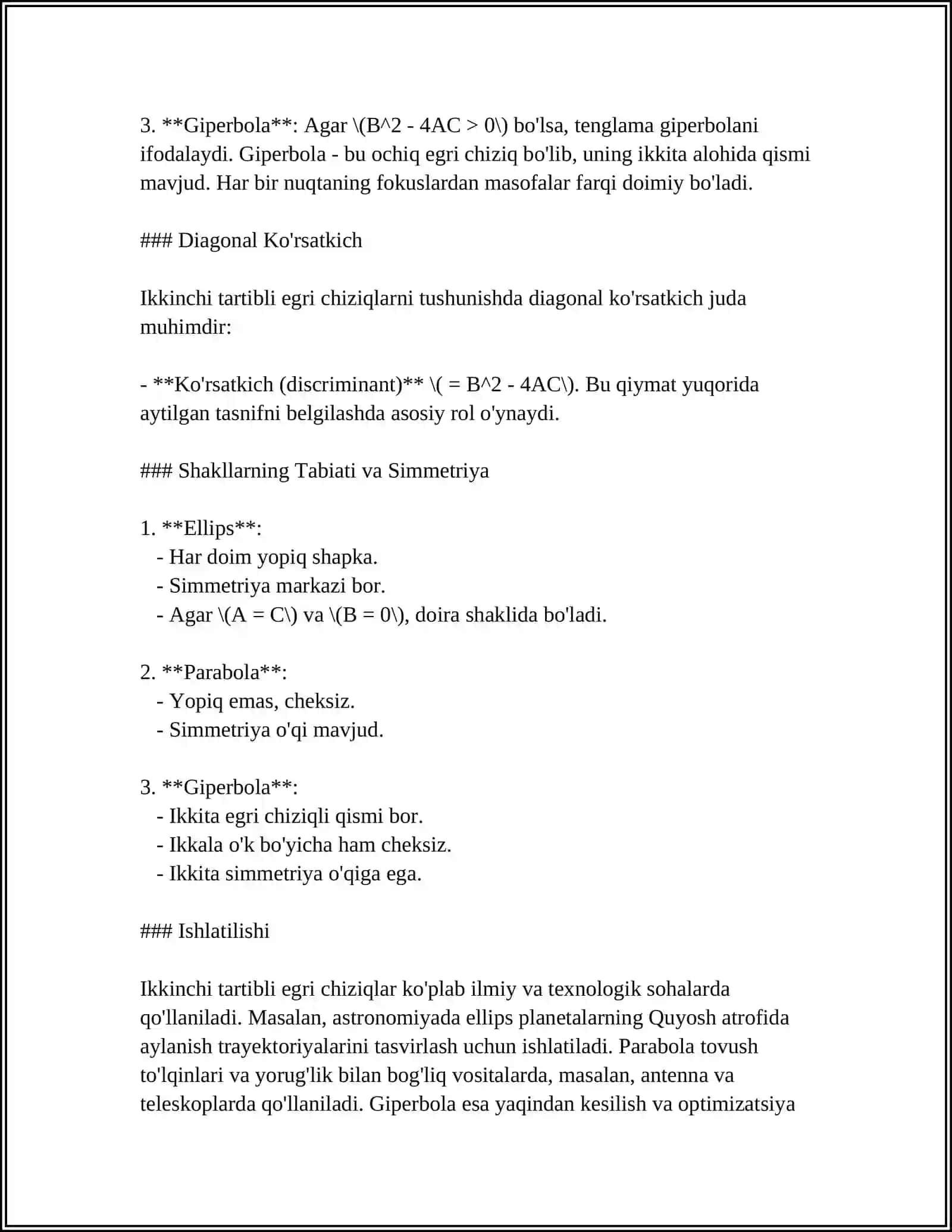 IKKINCHI TARTIBLI EGRI CHIZIQLAR.AYLANA,PARABOLA VA ELLIPS. IKKINCHI TARTIBLI CHIZIQLARNING TEXNIKADA QOʻLLANILISHI 4