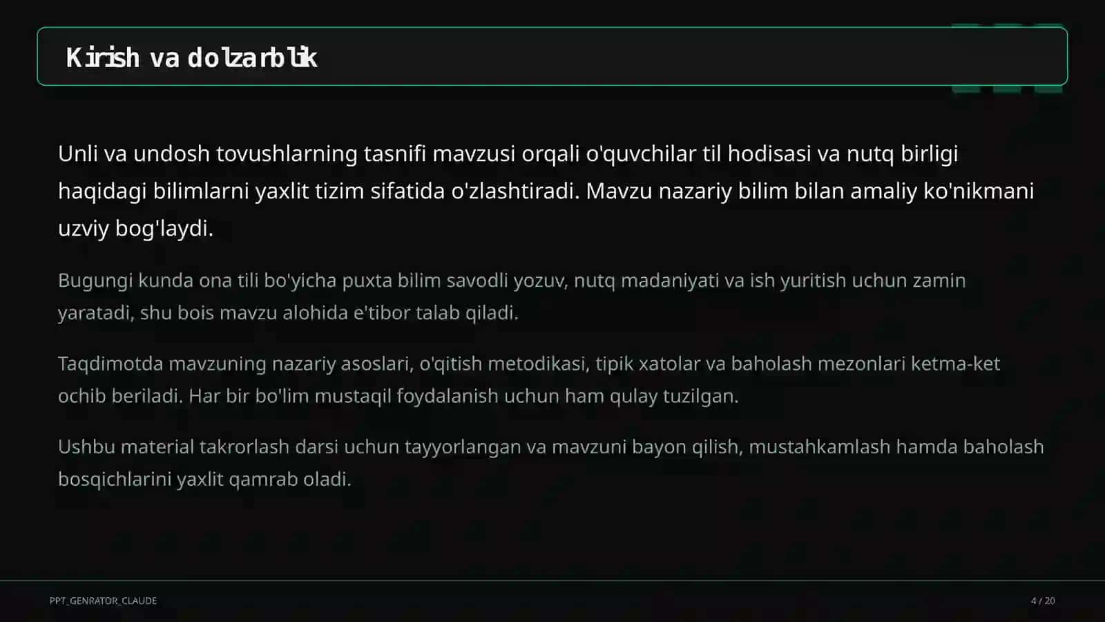 Unli va undosh tovushlarning tasnifi (5-sinf) 4
