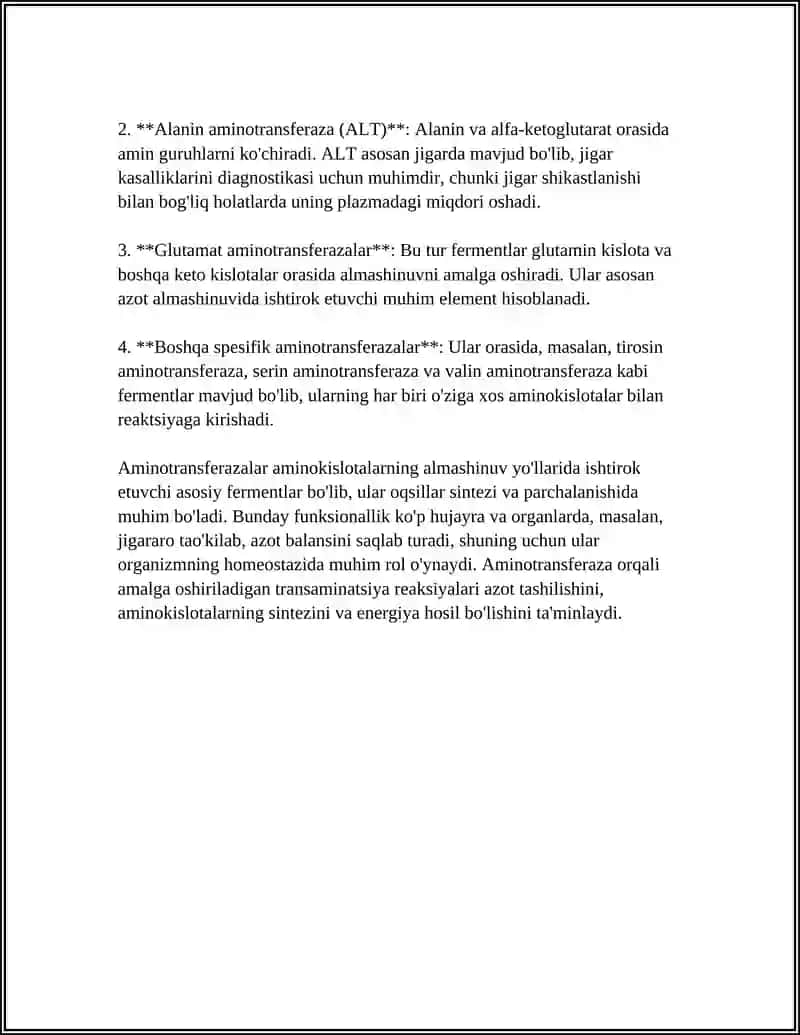 AMINOTRANSFERAZALAR. AMINOKISLOTALAR ALMASHINUVINI UMUMIY YO'LLARI 4